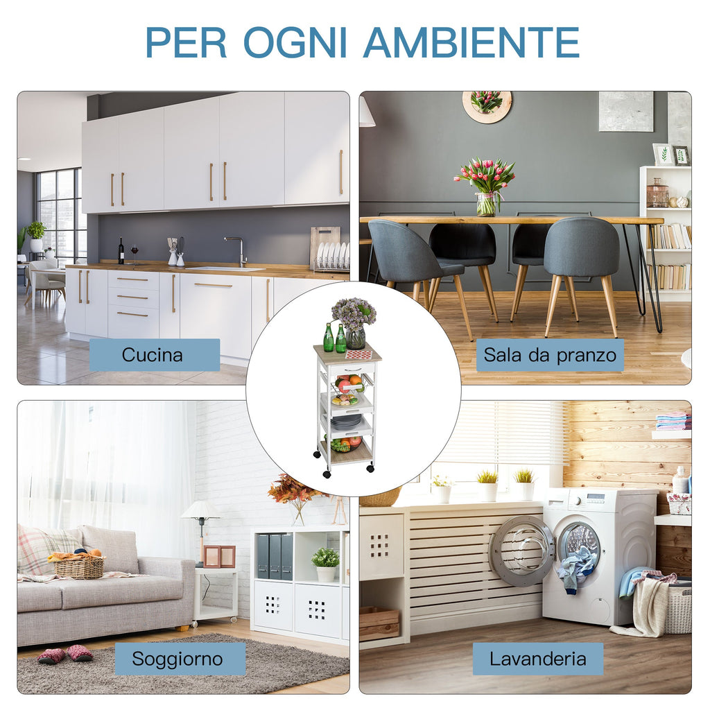 Easycomfort Carrello da Cucina Salvaspazio in Legno di Pino e MDF, Carrello Portaoggetti with Cassetto, Cestello, 2 Vassoi e 4 Ruote Universale, 37x37x82cm, white