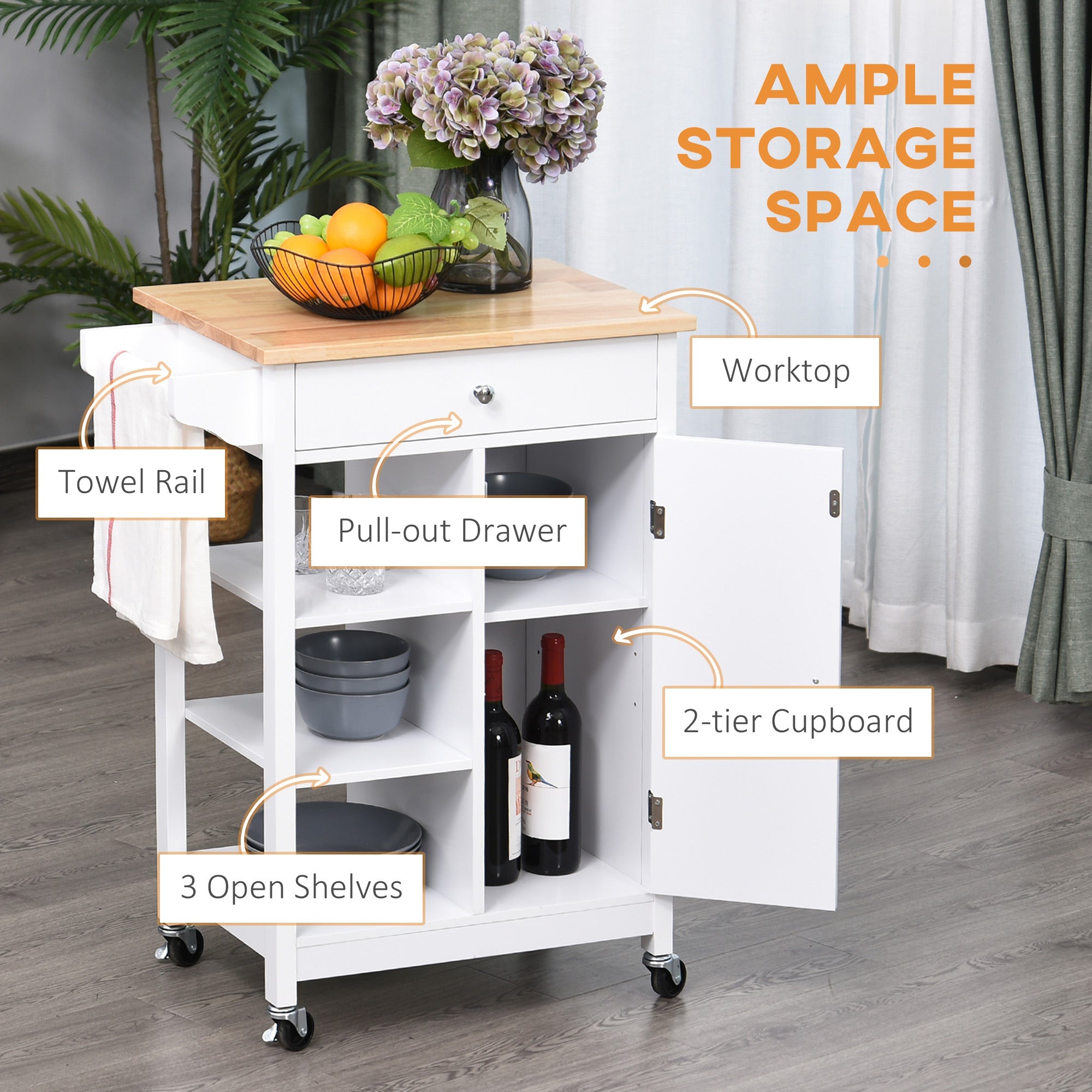 Easycomfort Carrello da Cucina Salvaspazio in Legno MDF white: 1 Cassetto, 1 Armadietto, 3 Mensole e 4 Ruote, 66x39.5x86.5cm