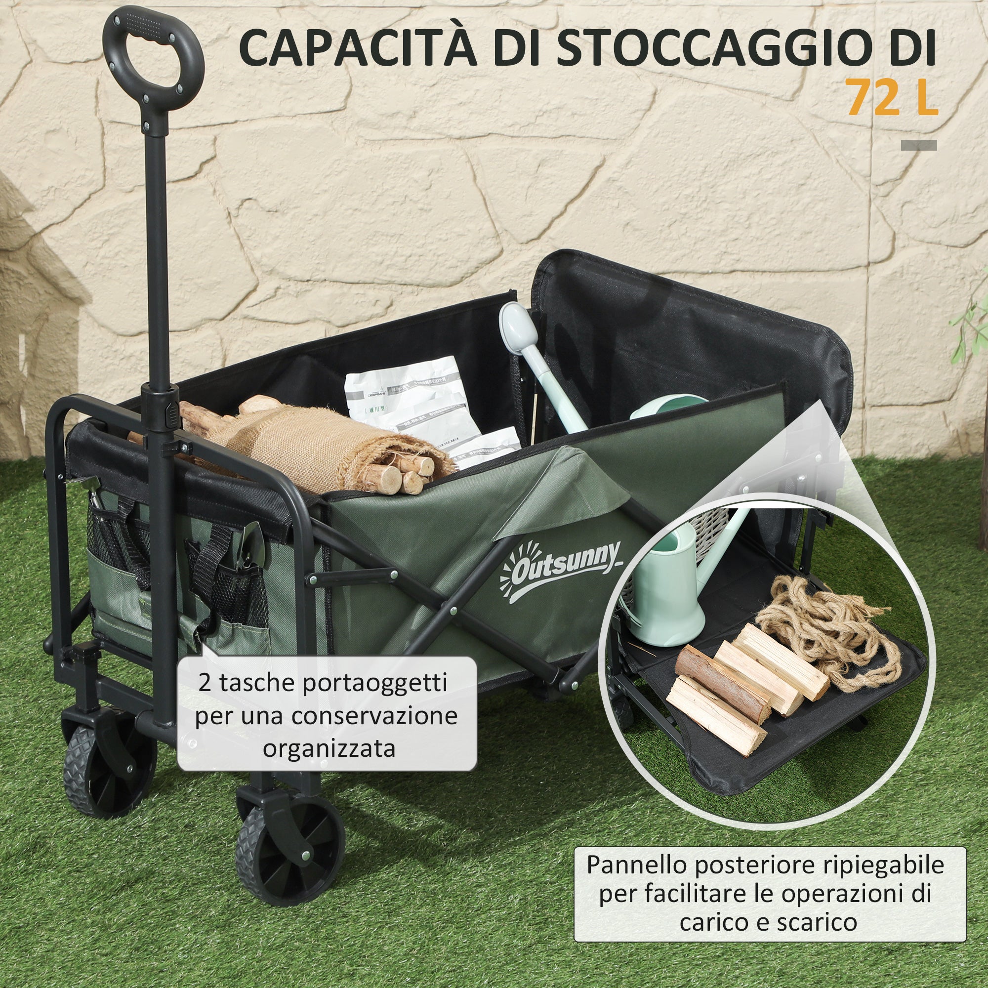 EasyComfort Carrello da Giardino da 72L Pieghevole with Pannello Apribile, in Acciaio e Poliestere, 114x46x65-92 cm, Verde