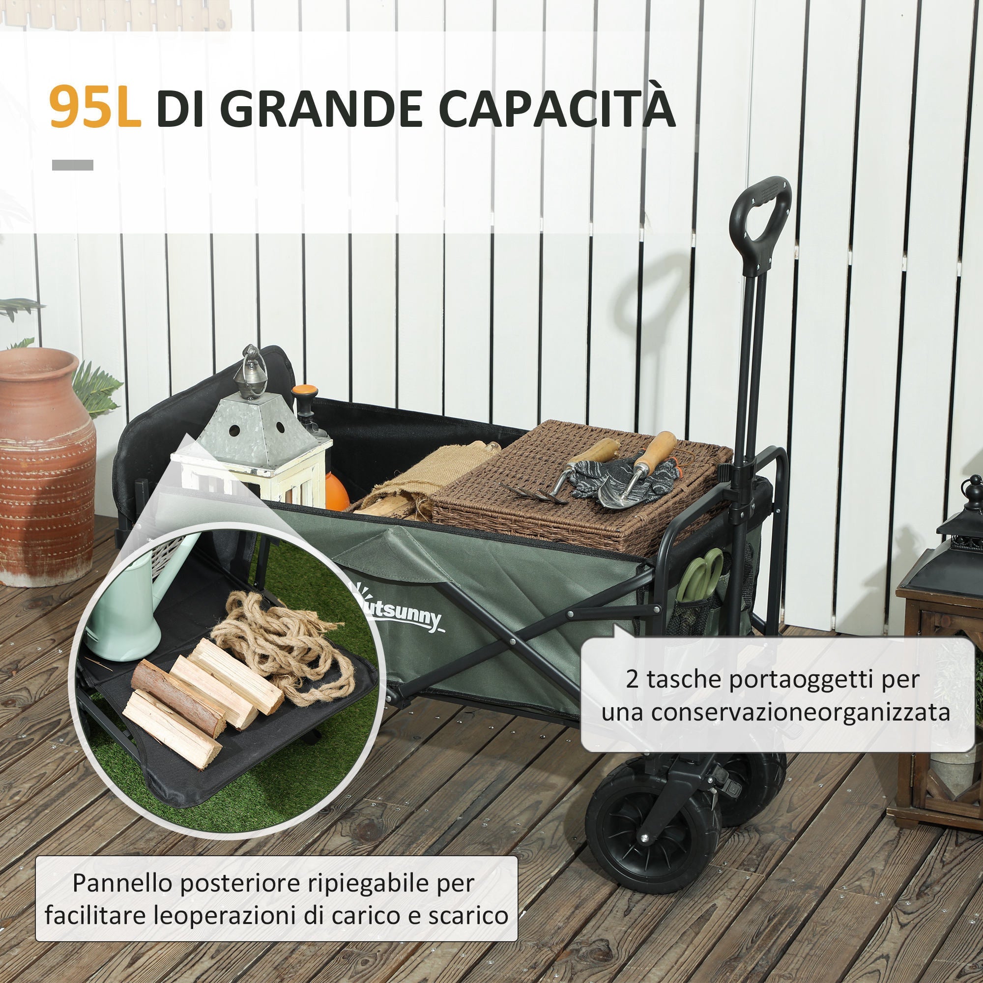 EasyComfort Carrello da Giardino da 95L Pieghevole with Pannello Apribile, in Acciaio e Poliestere, 125x48x78-102 cm, Verde