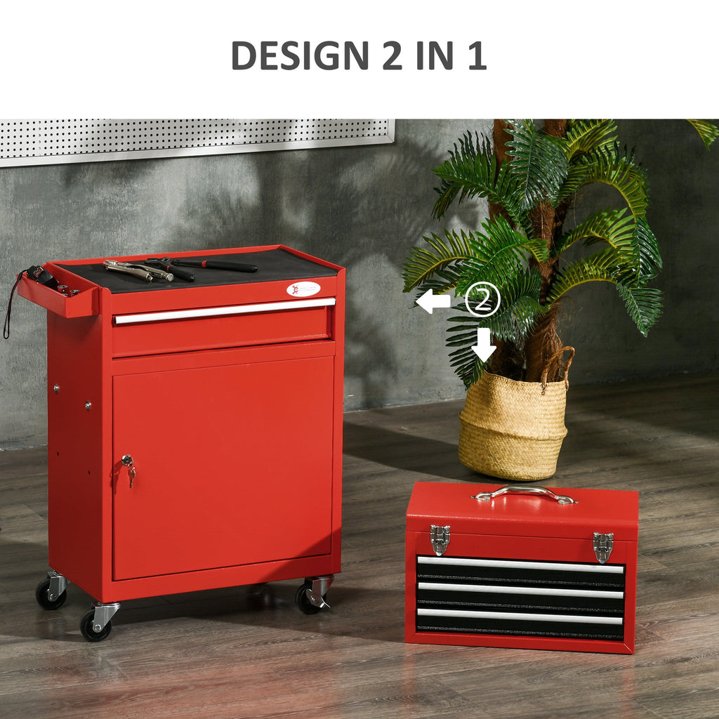 EasyComfort Carrello Porta Attrezzi 2 in 1 with Cassetta Rimovibile e Armadietto with Chiave in Acciaio, Rosso