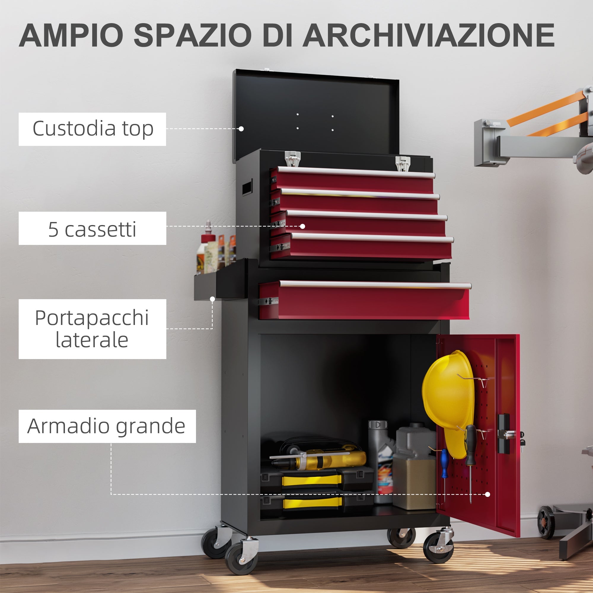 EasyComfort Carrello Porta Attrezzi 5 Cassetti, Cassetta Rimovibile e Armadietto con Chiave in Acciaio, Rosso