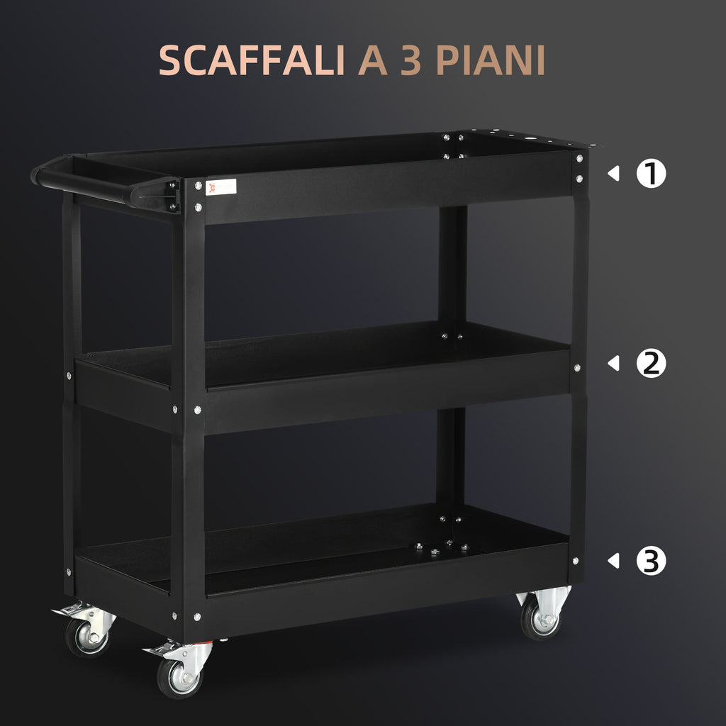 EasyComfort Carrello Porta Attrezzi a 3 Livelli in Acciaio con Bordi Alti e 4 Ruote Girevoli, 83x35.3x76 cm, Nero