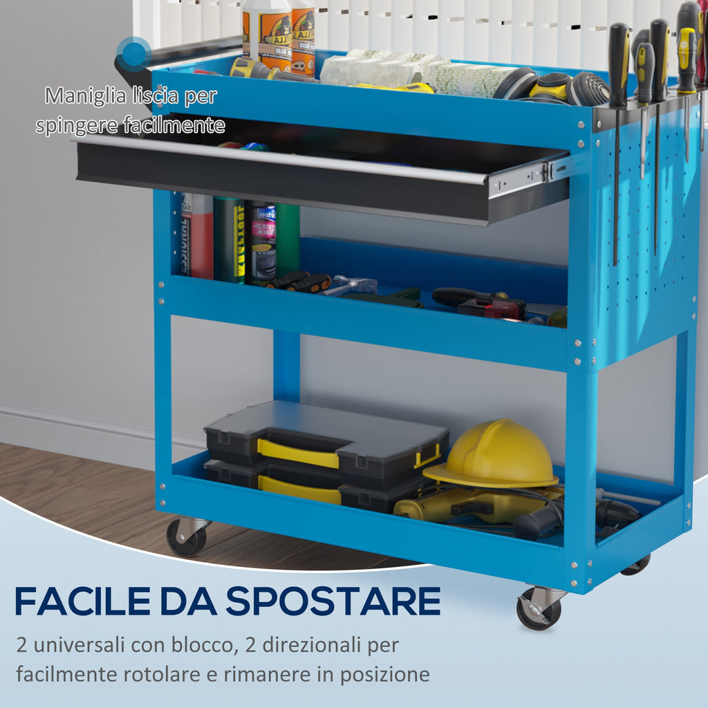 EasyComfort Carrello Porta Attrezzi con Manico Laterale, Cassetto e 3 Ripiani in Acciaio, 82x35x76 cm, Blu