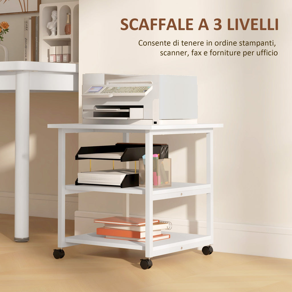 EasyComfort Carrello salvaspazio Porta Stampante a 3 Ripiani, mobile da ufficio con 4 Ruote, Legno e Acciaio, 50x50x52.5cm, Bianco