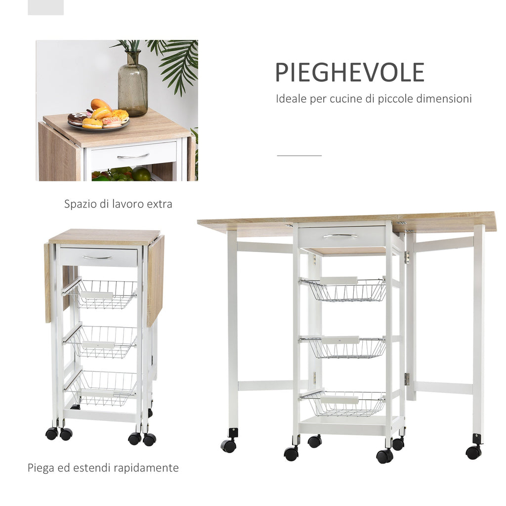 Easycomfort Carrello Portavivande Pieghevole a 6 Ruote with 3 Cestini, Cassetto e 2 Ribalte, Carrellino per Cucina in MDF e Metallo, 37x37x77.5 cm, white e Legno