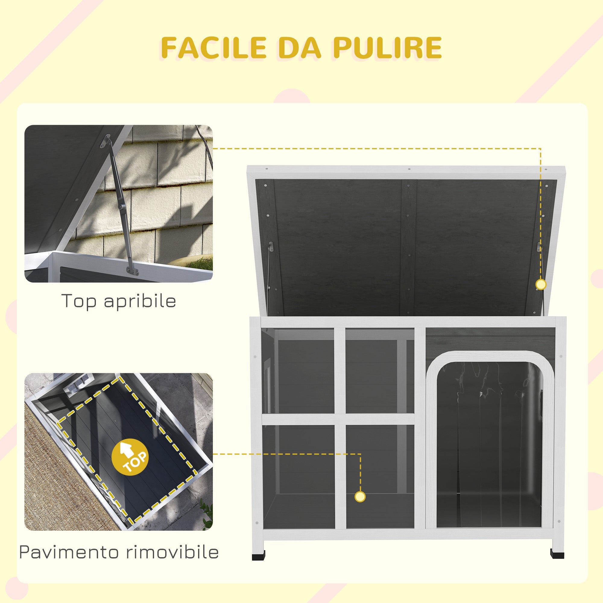 EasyComfort Casetta per Cani con Finestrelle e Ingresso a Tenda, in Legno di Abete, 90x62x71 cm, Grigio Chiaro