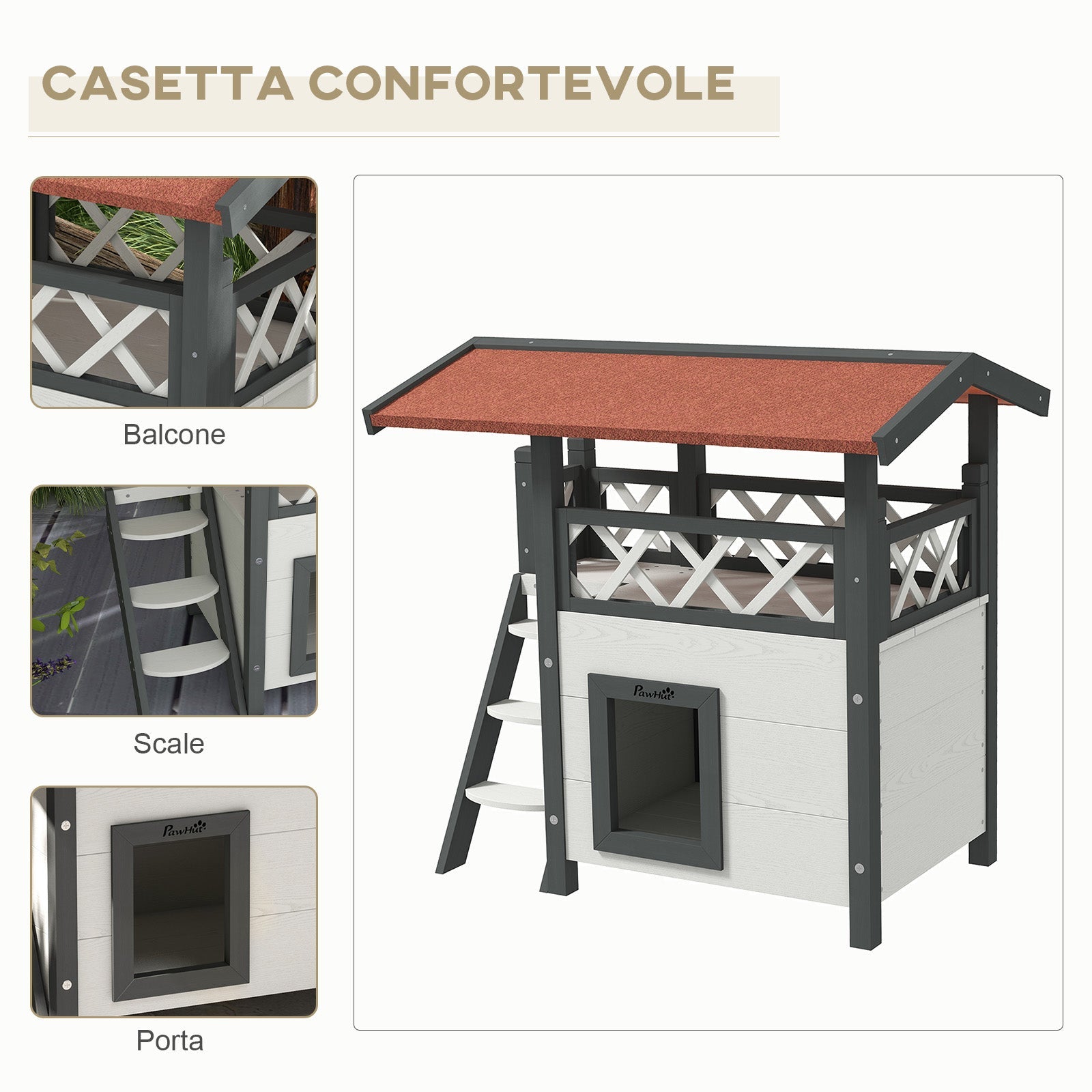 EasyComfort Kattenhuisje voor buiten met terras en trapje, 77x50x73 cm