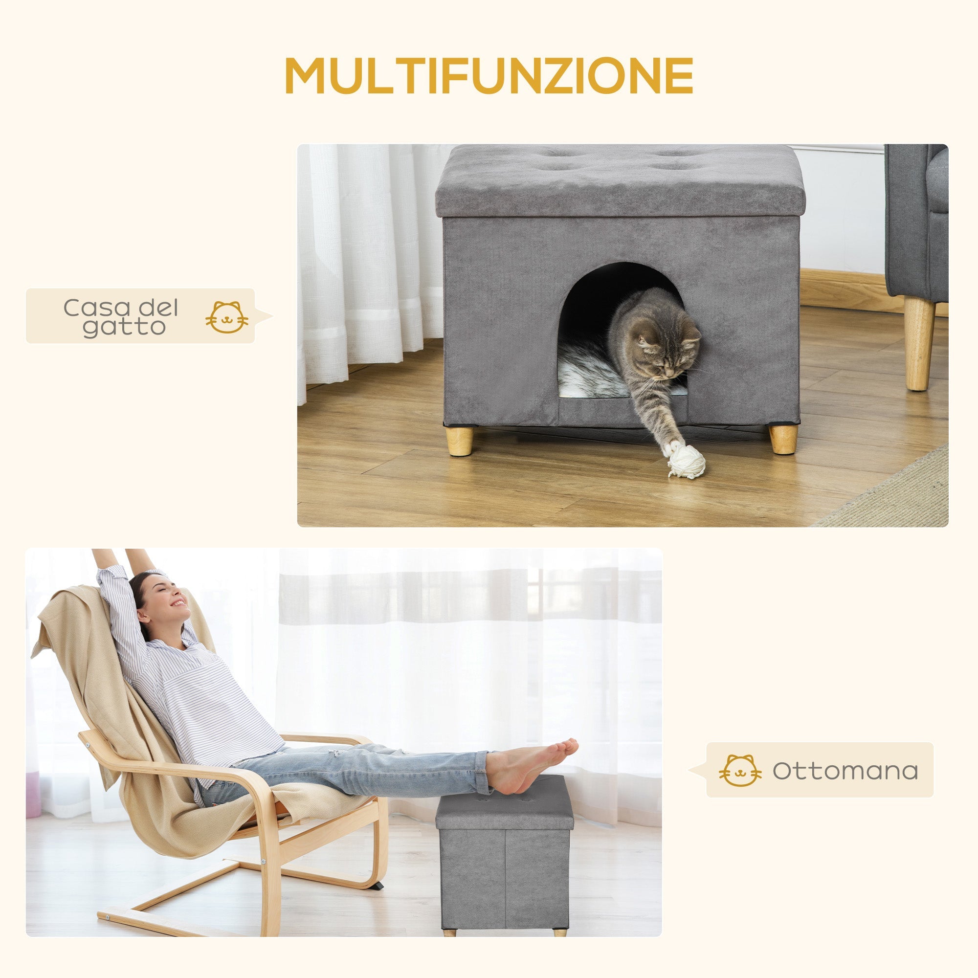 EasyComfort Kattenhuis en poef met afneembaar wasbaar kussen, grijs