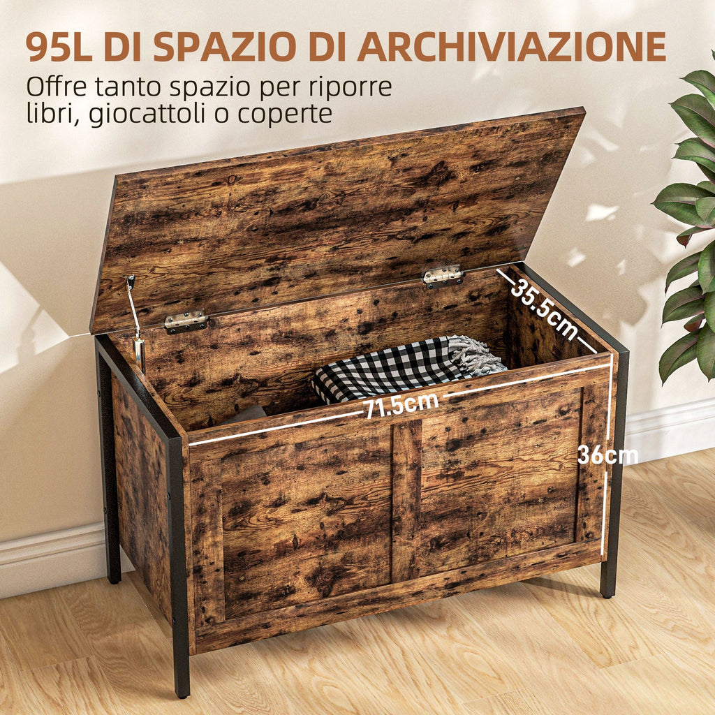 EasyComfort Cassapanca in Legno da 95L Stile Industriale with Coperchio e Cerniera di Sicurezza, 80x40x49cm, Marrone
