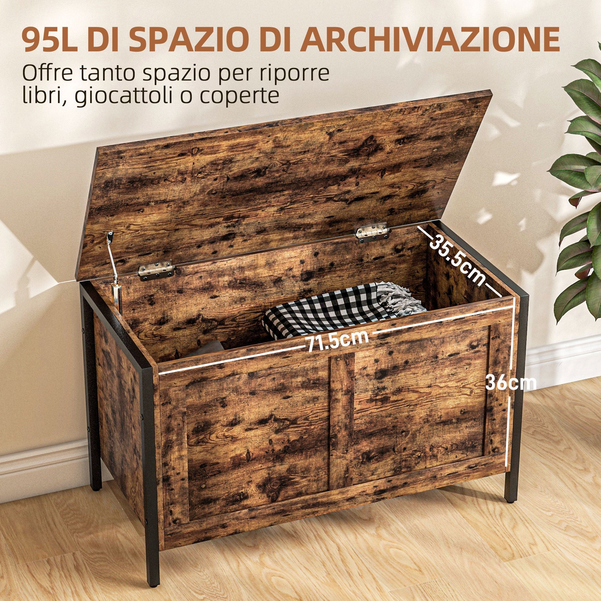 EasyComfort Cassapanca in Legno da 95L Stile Industriale with Coperchio e Cerniera di Sicurezza, 80x40x49cm, Marrone