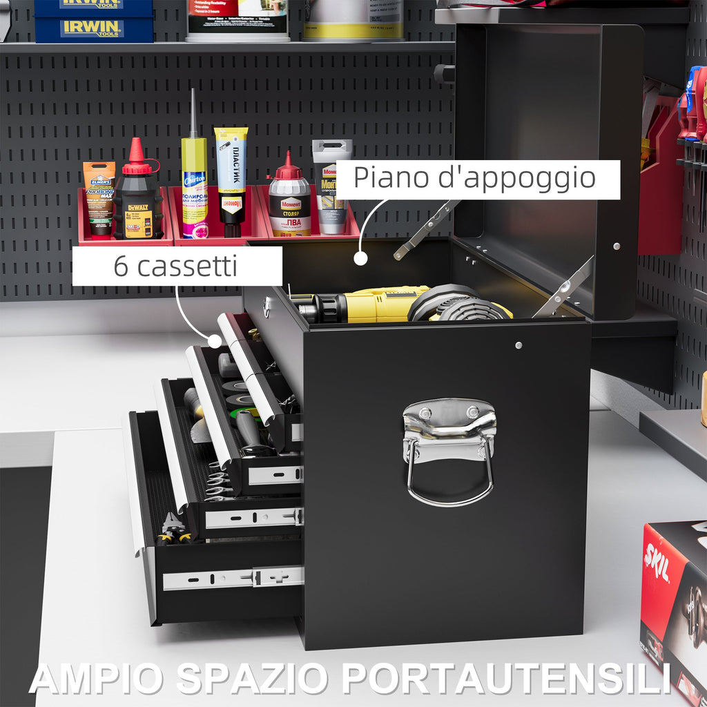 EasyComfort Cassetta per Attrezzi a 6 Cassetti in Acciaio con Serratura, 60x26x34cm, Nero