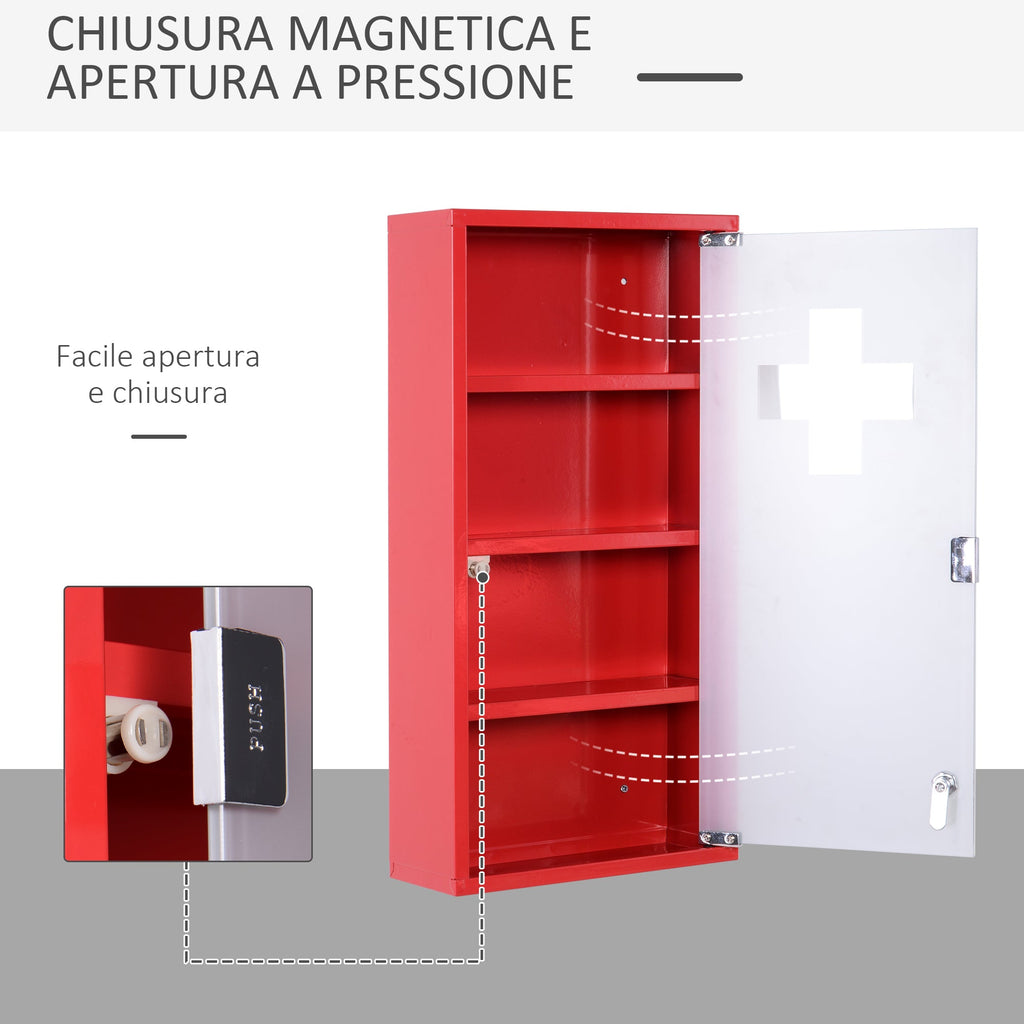 Easycomfort Cassetta Porta Medicine Armadietto Medicinali 4 Livelli Porta in Vetro 60×30×12cm Rosso
