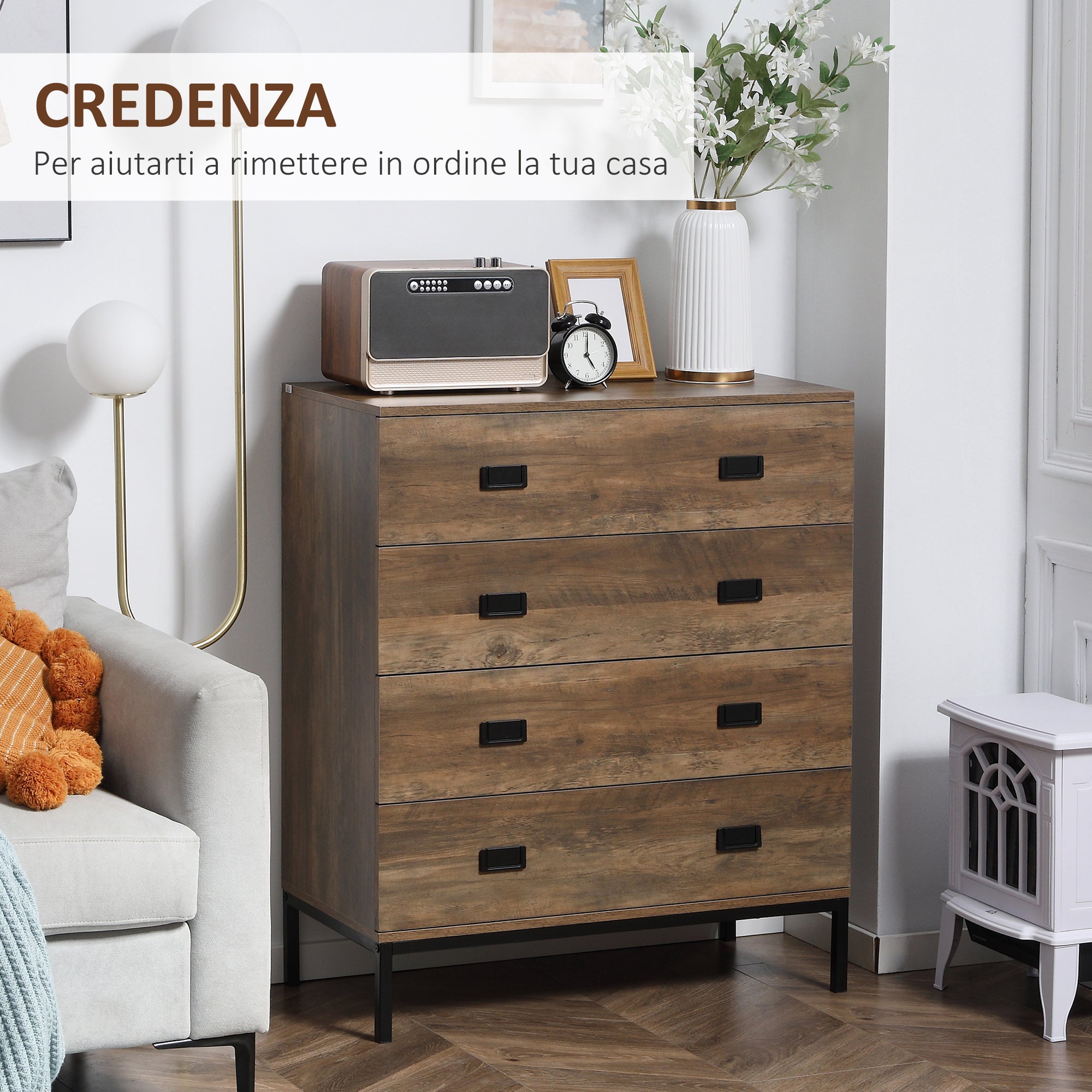 Easycomfort Cassettiera 4 Cassetti in Truciolato e Metallo per Soggiorno e Camera da Letto, 80x39x95 cm, Marrone