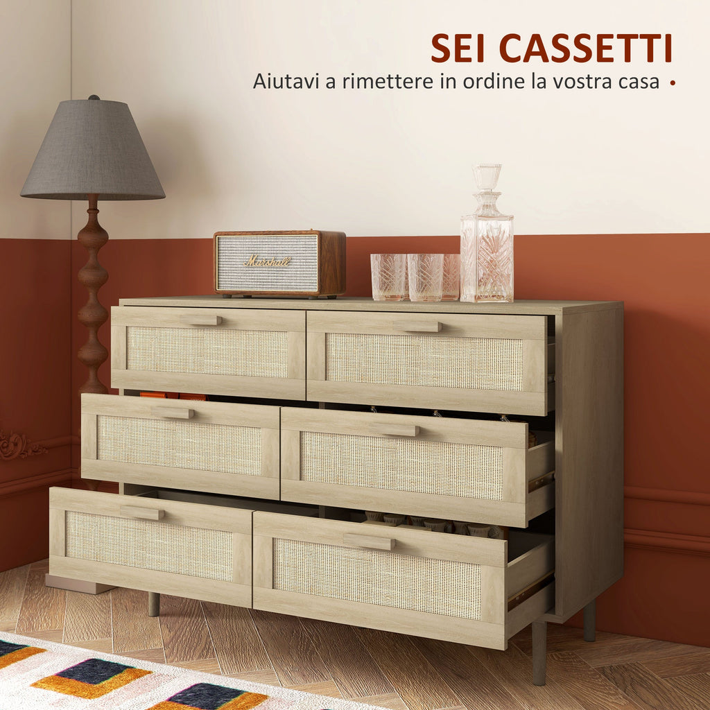 EasyComfort Cassettiera 6 Cassetti in Legno e Rattan Stile Boho per Soggiorno e Camera da Letto, 110x40x75 cm