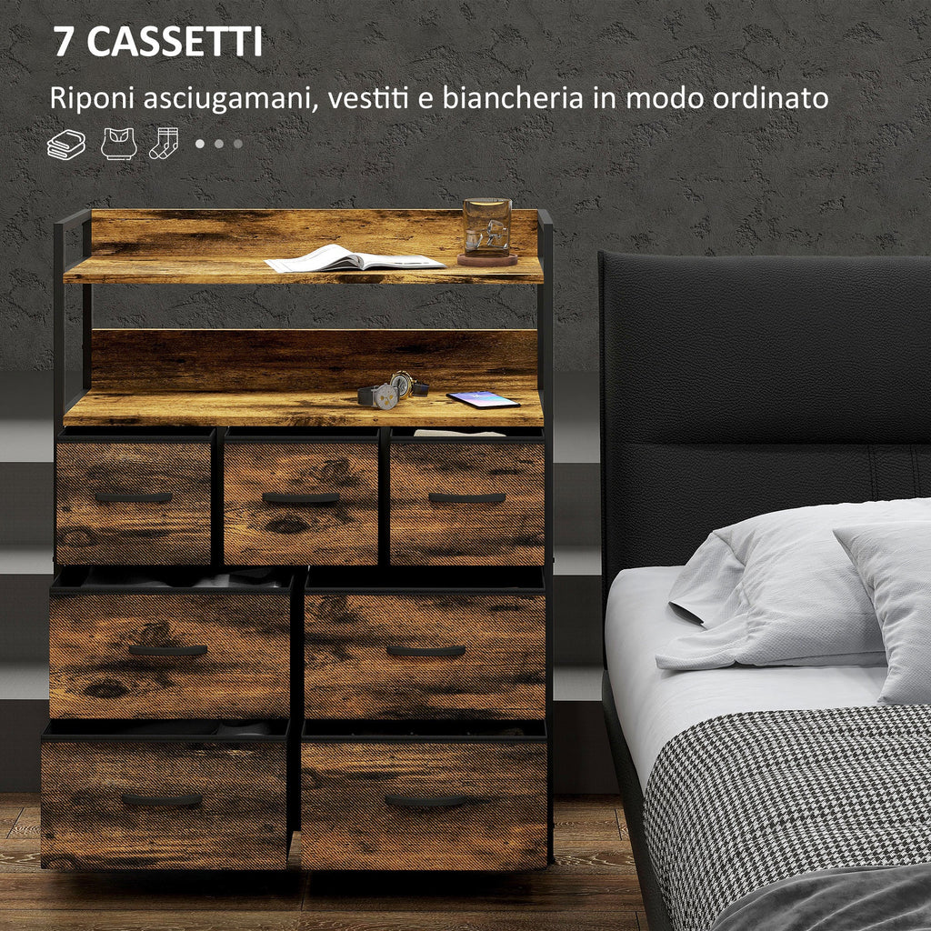 EasyComfort Cassettiera 7 Cassetti Rimovibili with 2 Ripiani Industriale in Legno e Acciaio, 79x29x101 cm, Marrone e black