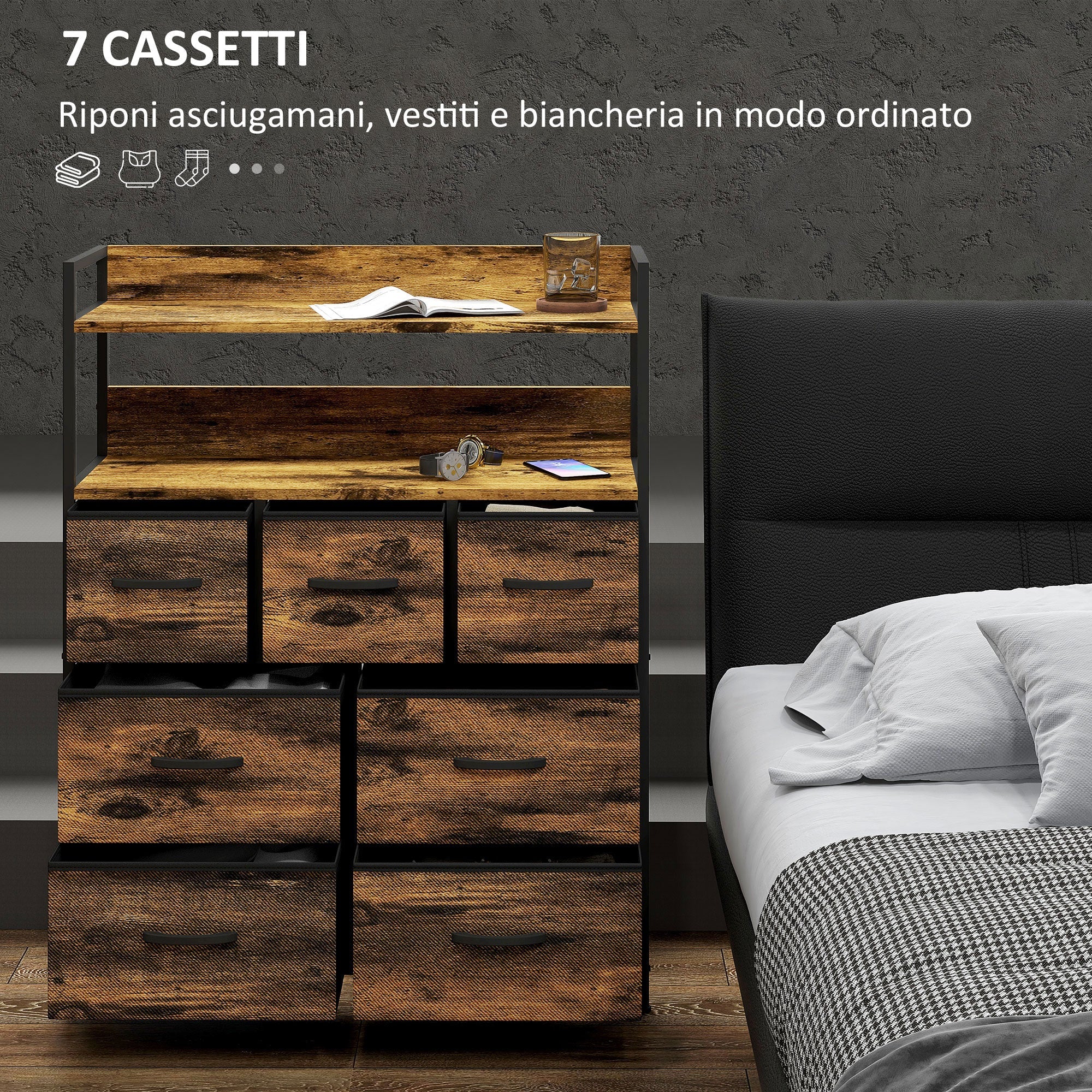 EasyComfort Cassettiera 7 Cassetti Rimovibili with 2 Ripiani Industriale in Legno e Acciaio, 79x29x101 cm, Marrone e black