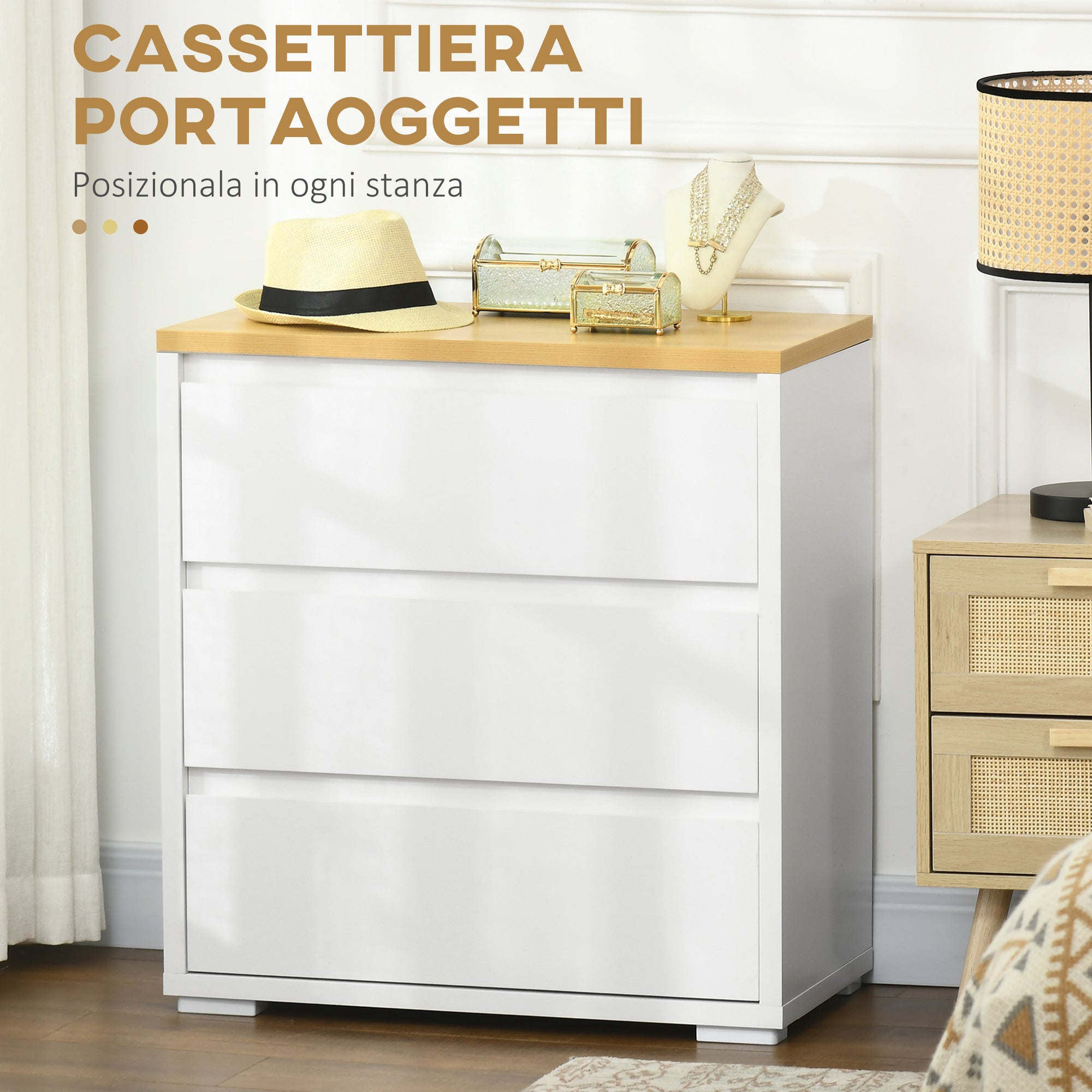 Easycomfort Cassettiera a 3 Cassetti in Truciolato white per Camera da Letto, Studio e Soggiorno, 70Lx37x75cm