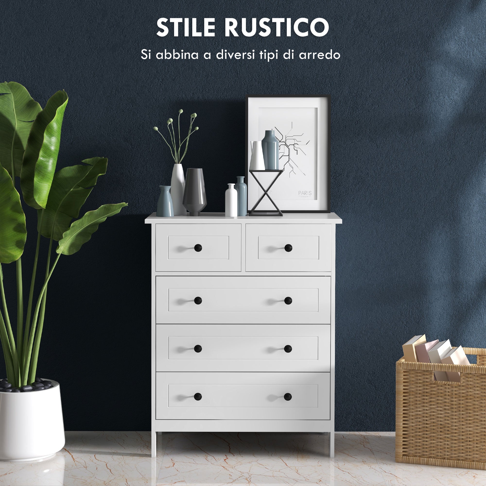 EasyComfort Cassettiera with 5 Cassetti in Legno Salvaspazio e Antiribaltamento, 74x40x91cm, white