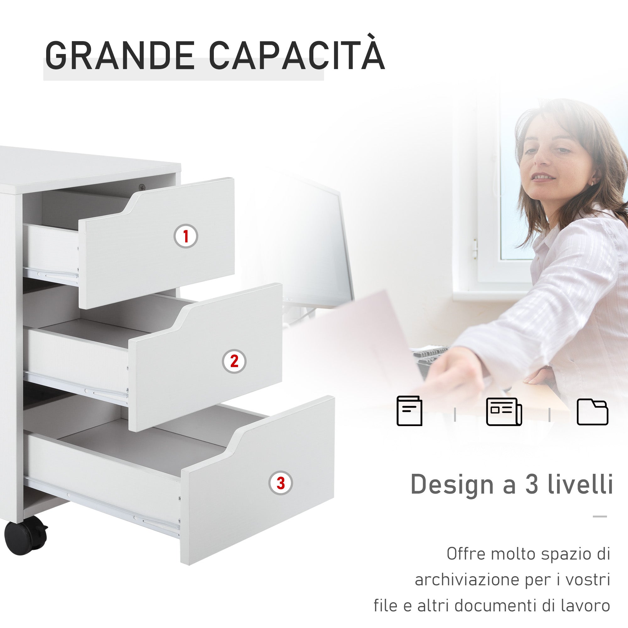 EasyComfort Cassettiera da Ufficio a 3 Cassetti with Maniglie a Scomparsa, in Legno e Metallo, 40x50x57.5 cm, white