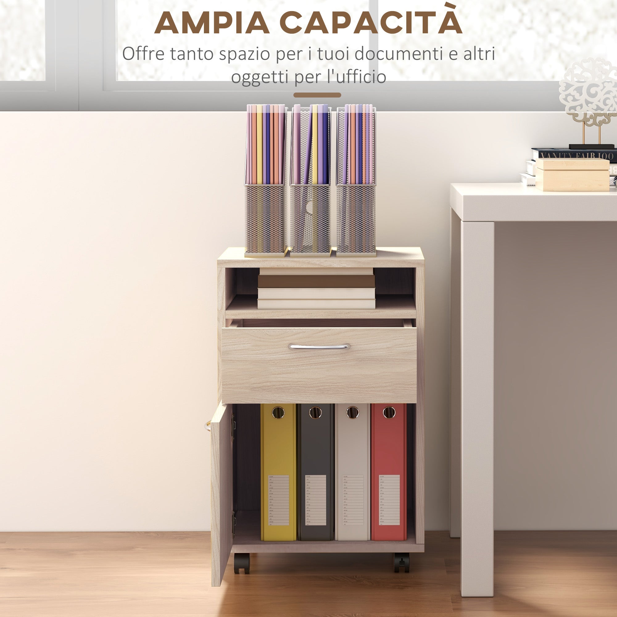 EasyComfort Cassettiera da Ufficio Portadocumenti with Ripiano Aperto e 2 Cassetti, in Legno e Metallo, 40x35x60 cm, Rovere