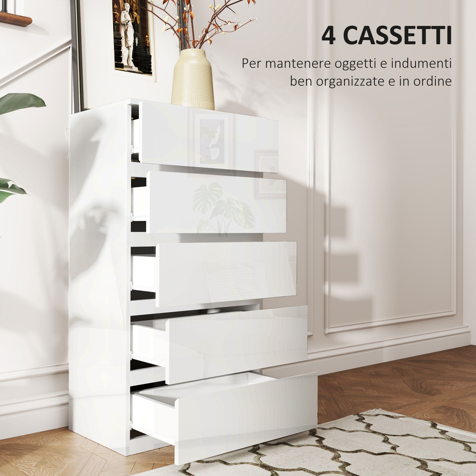 EasyComfort 5-ladenkast modern met anti-kantel, 55x33x100 cm, hoogglans wit
