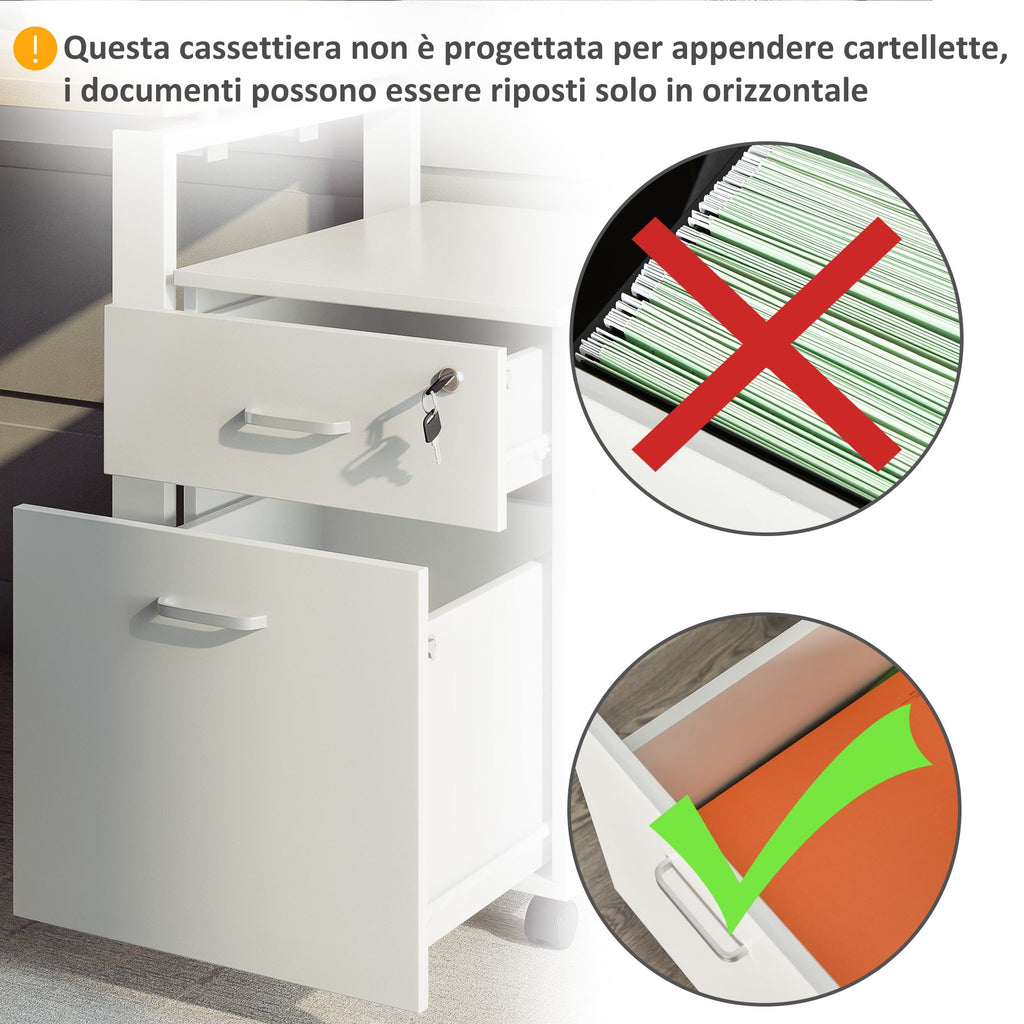 EasyComfort Cassettiera Ufficio a 2 Cassetti con Serratura e 5 Ruote, in Truciolato, 40x49x58 cm, Bianco
