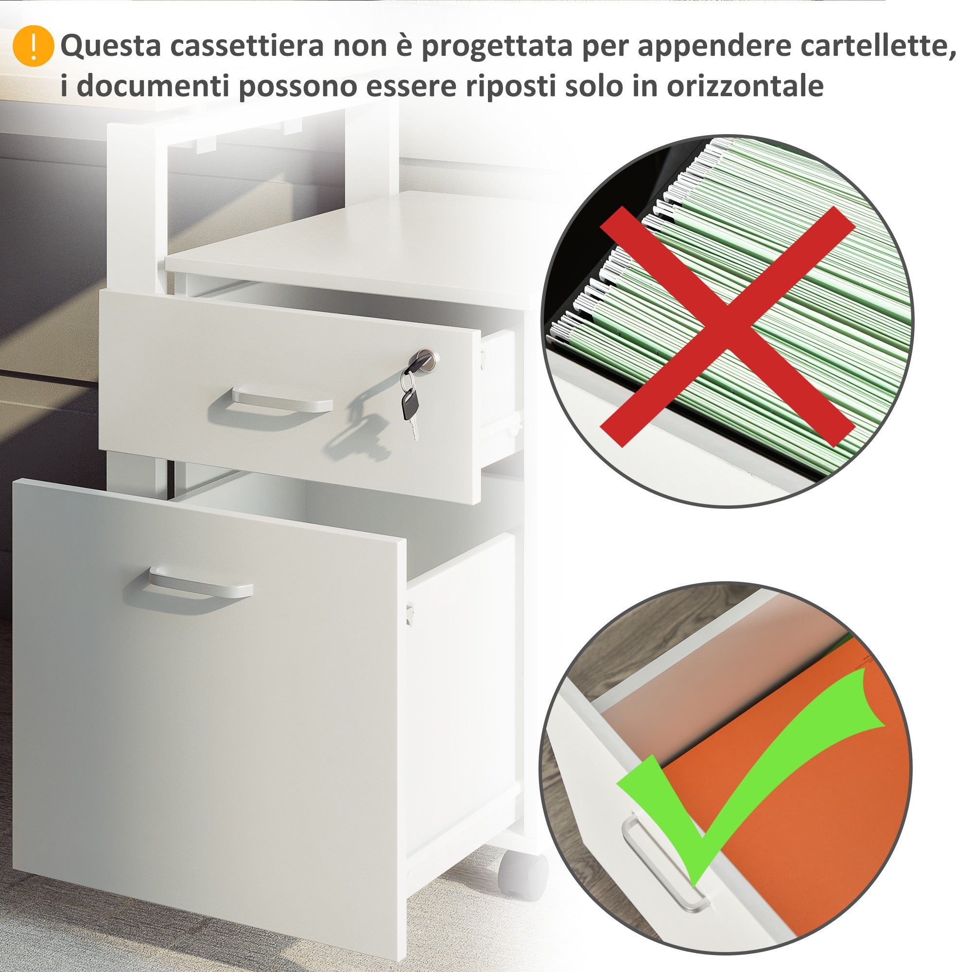 EasyComfort Cassettiera Ufficio a 2 Cassetti con Serratura e 5 Ruote, in Truciolato, 40x49x58 cm, Bianco