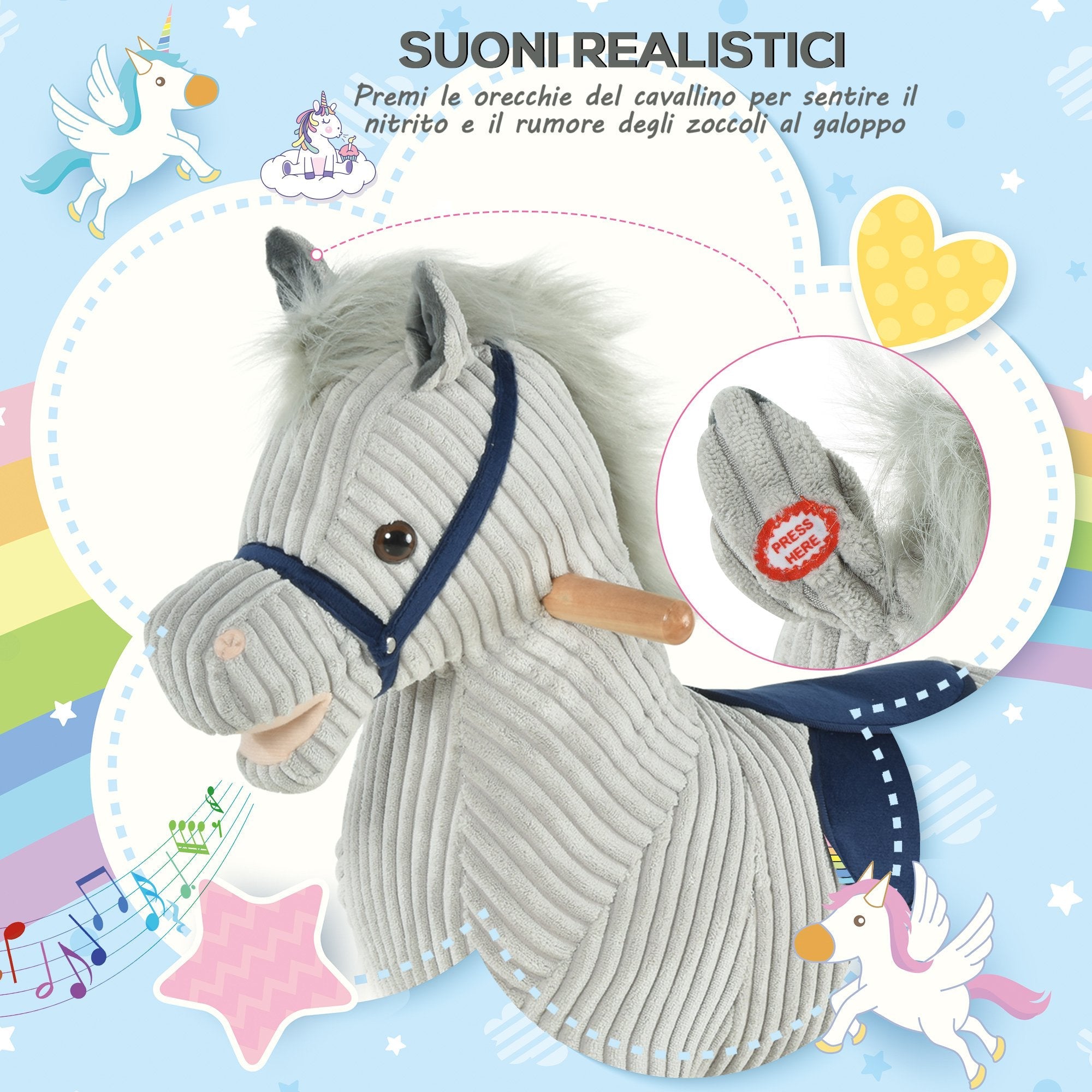 EasyComfort Cavallo schommelpaard voor kinderen 3–6 jaar, met geluid, 73x35x64 cm