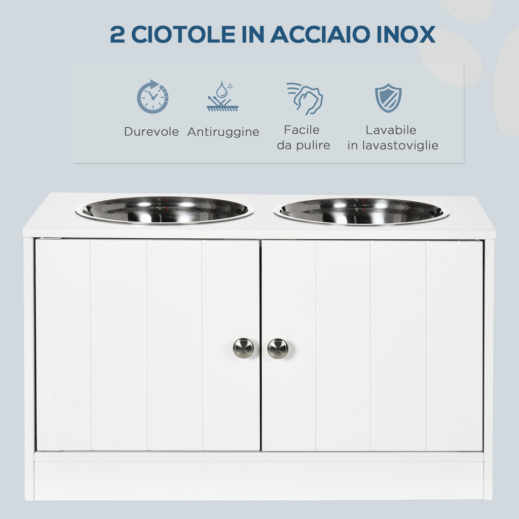 EasyComfort Ciotole per Cani Rialzate con Armadietto da 44L e 2 Ciotole in Acciaio, 60x30x35.5cm, Bianco