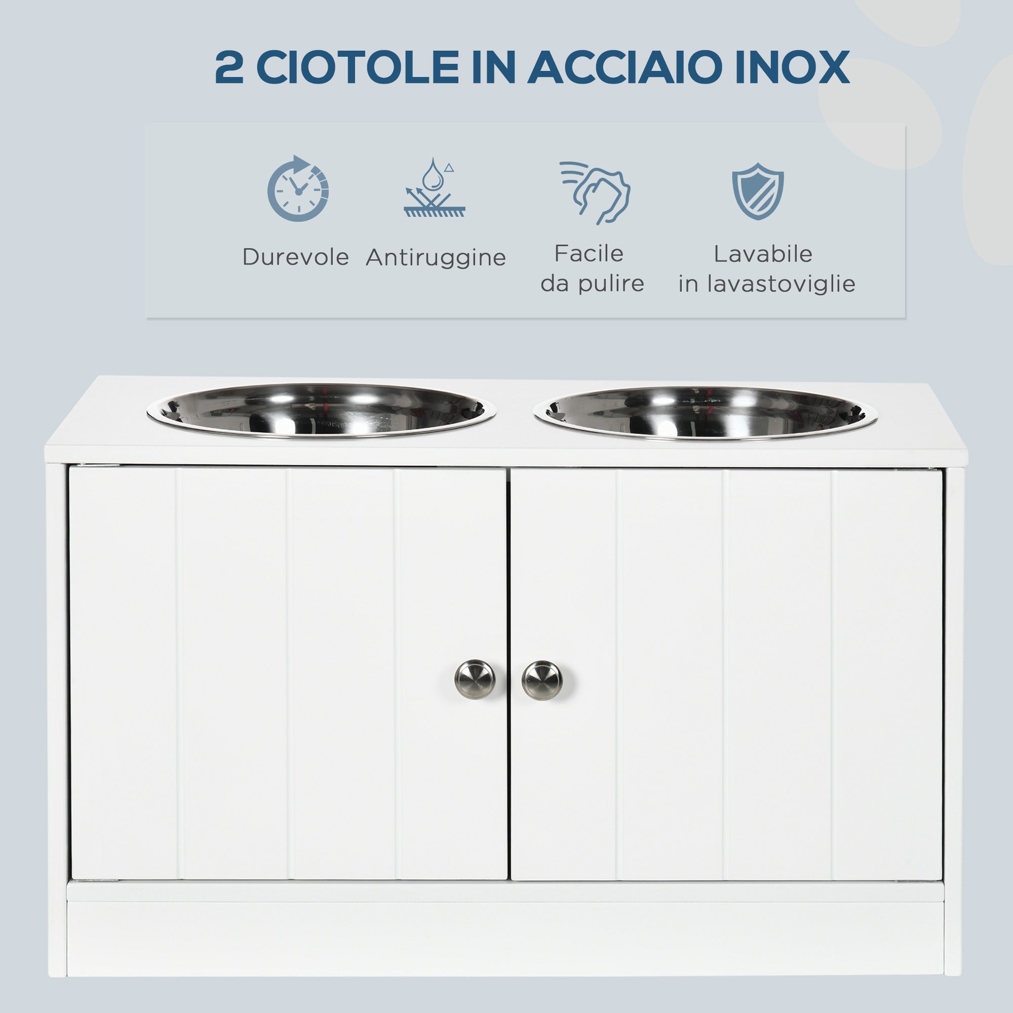 EasyComfort Ciotole per Cani Rialzate con Armadietto da 44L e 2 Ciotole in Acciaio, 60x30x35.5cm, Bianco