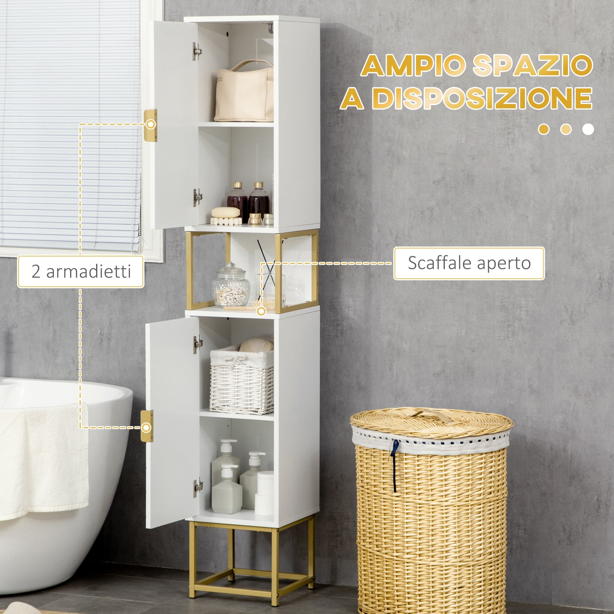 EasyComfort badkamerkolom met 2 kastjes en plank 30x30x170.7 cm wit/goud