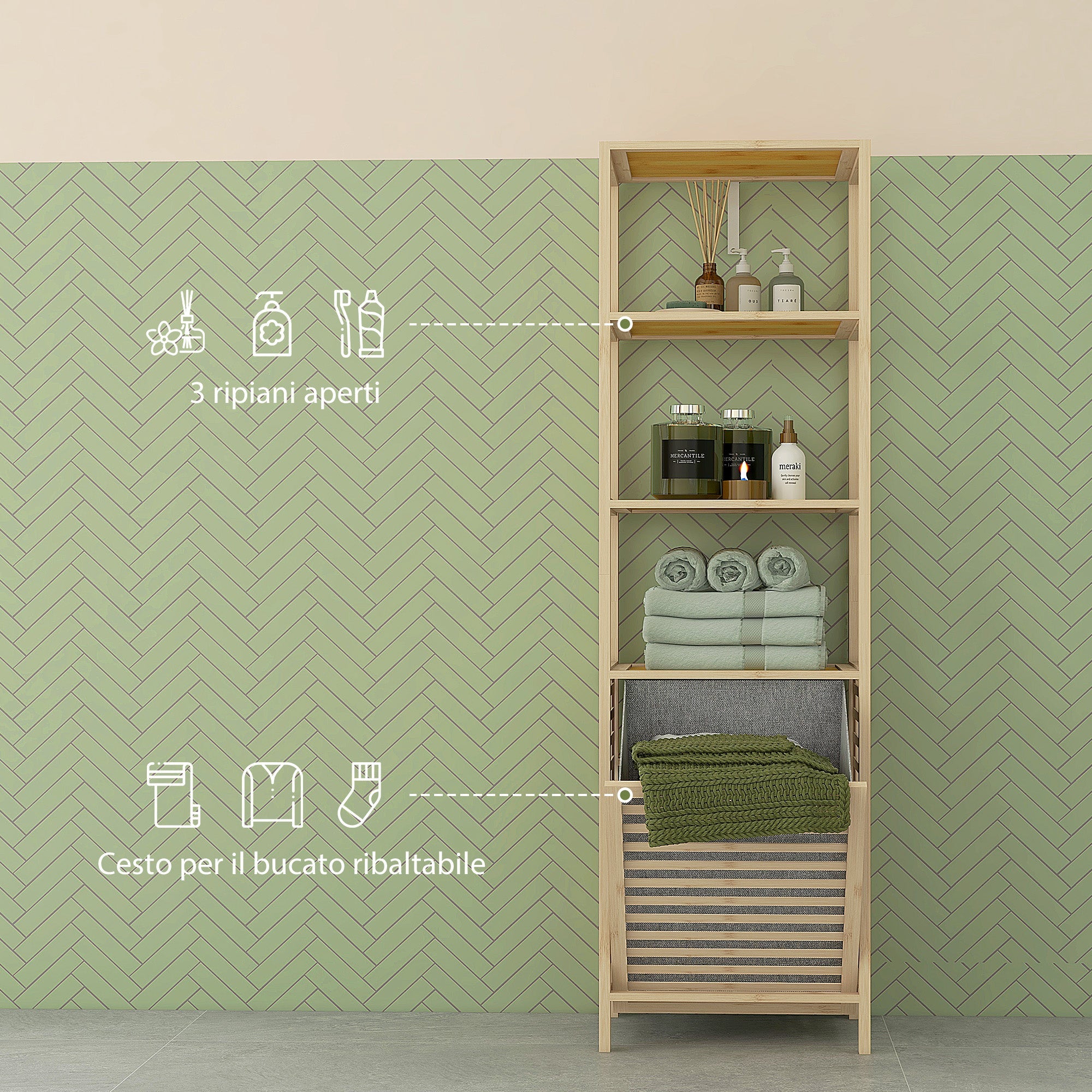 EasyComfort Colonna Bagno badkamerkolom met 3 planken en wasmand, 44x33x160 cm
