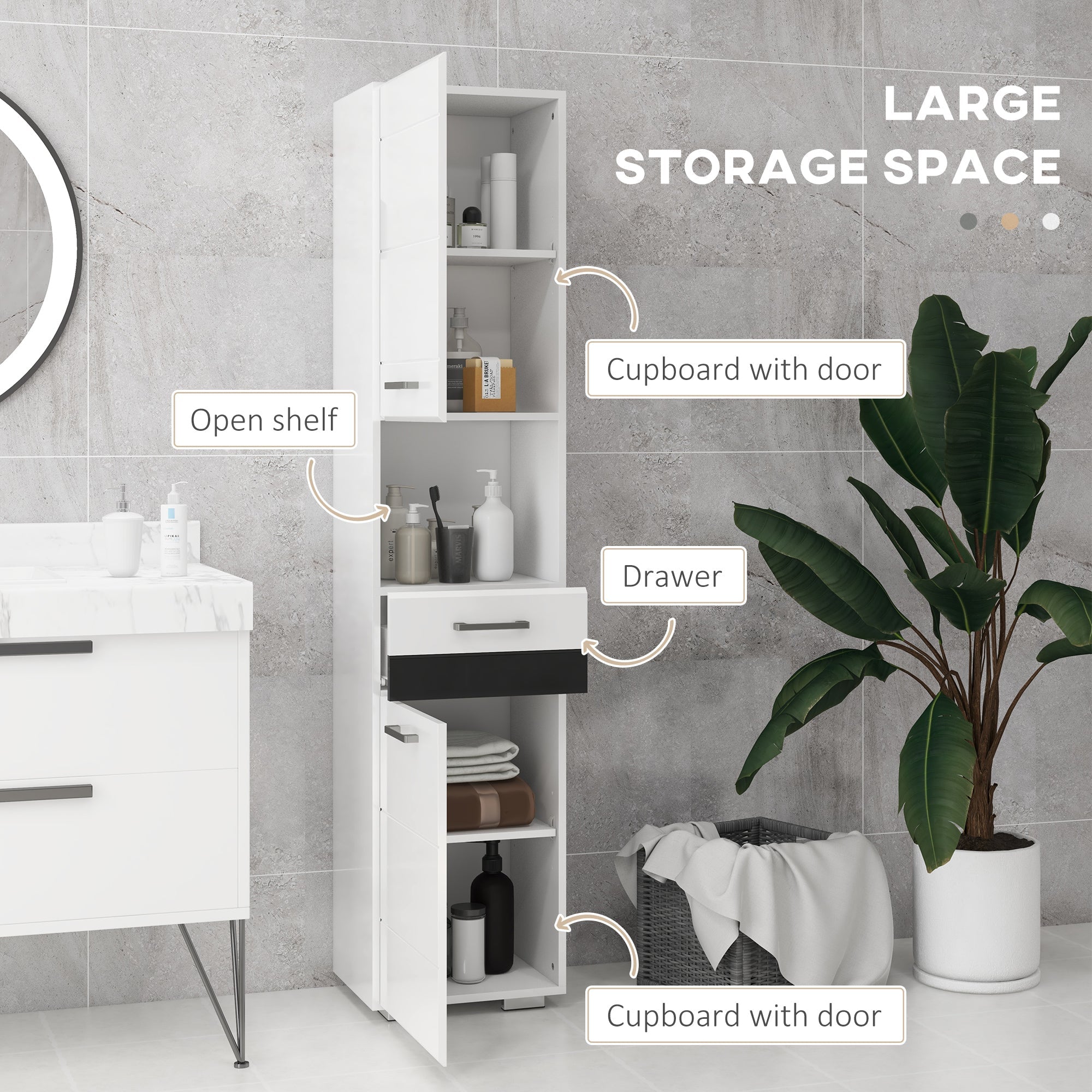 Easycomfort Colonna Bagno in MDF with Ripiano Aperto, Cassetto e Armadietto Chiuso, 37x32.5x170 cm, white