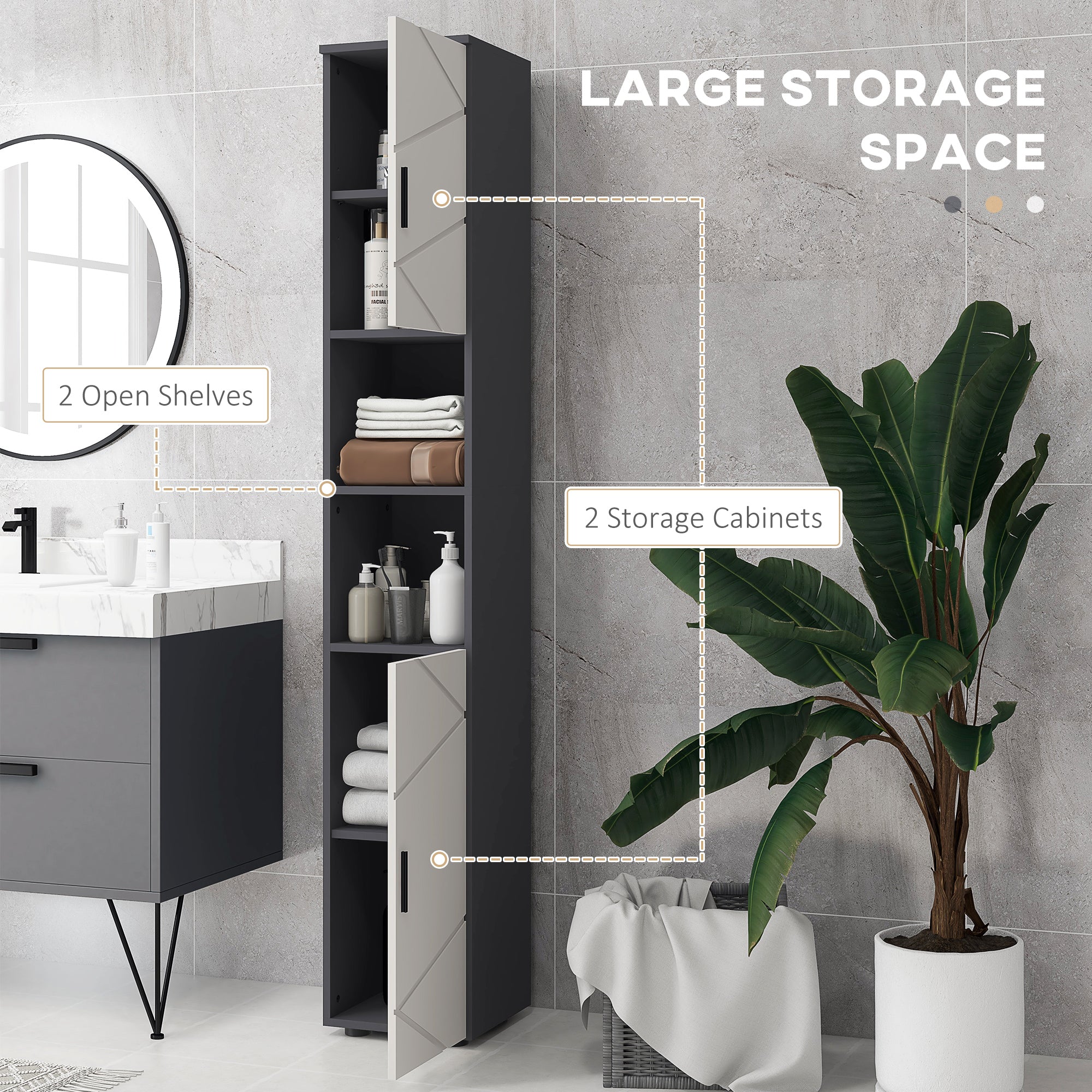 Easycomfort Colonna Bagno in Truciolato with 2 Ripiani Aperti e 2 Armadietti a 2 Livelli, 30x30x183 cm, Grigio