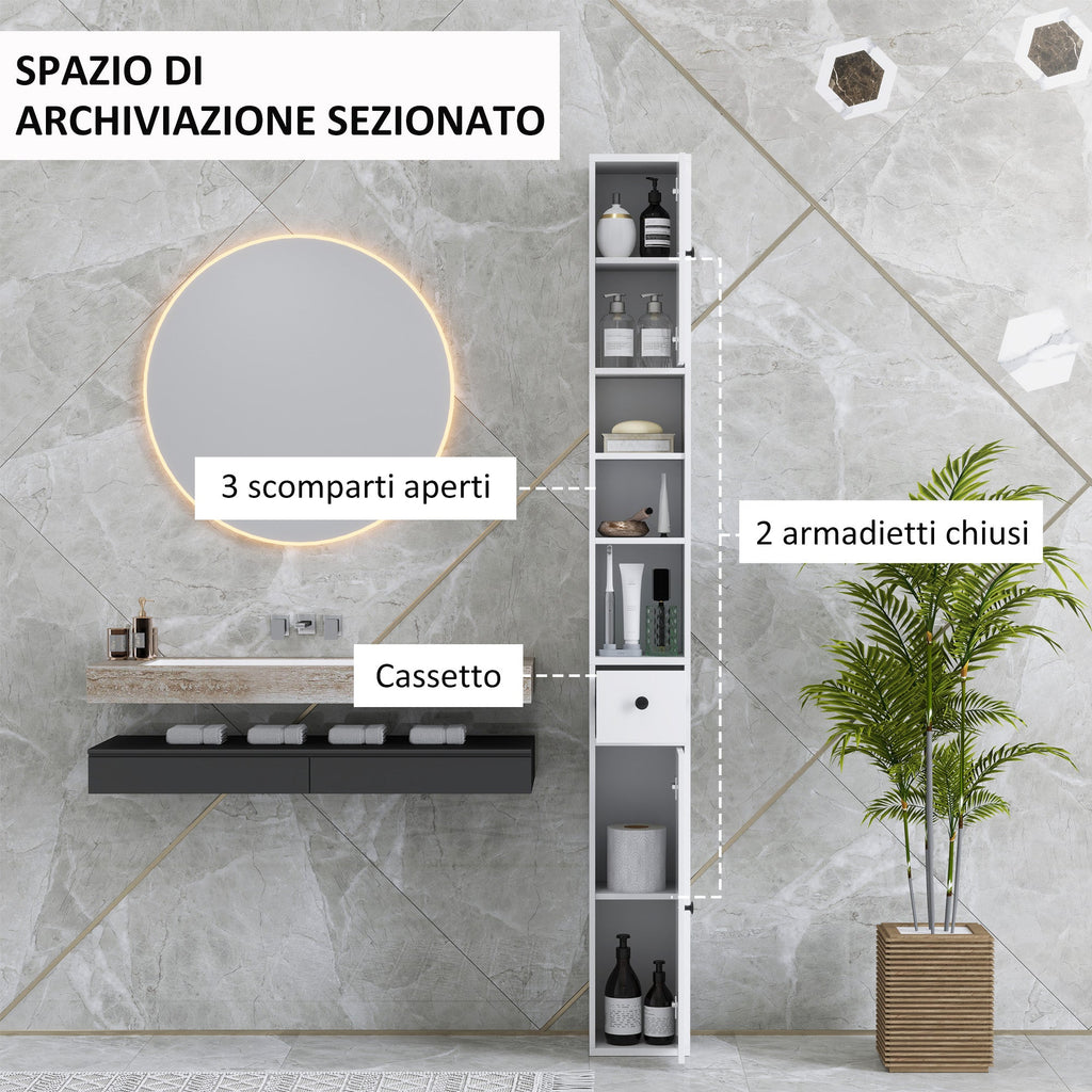 EasyComfort Colonna Bagno Salvaspazio with 2 Armadietti, 3 Ripiani Aperti e Cassetto, in Legno, 20x20x178 cm, white
