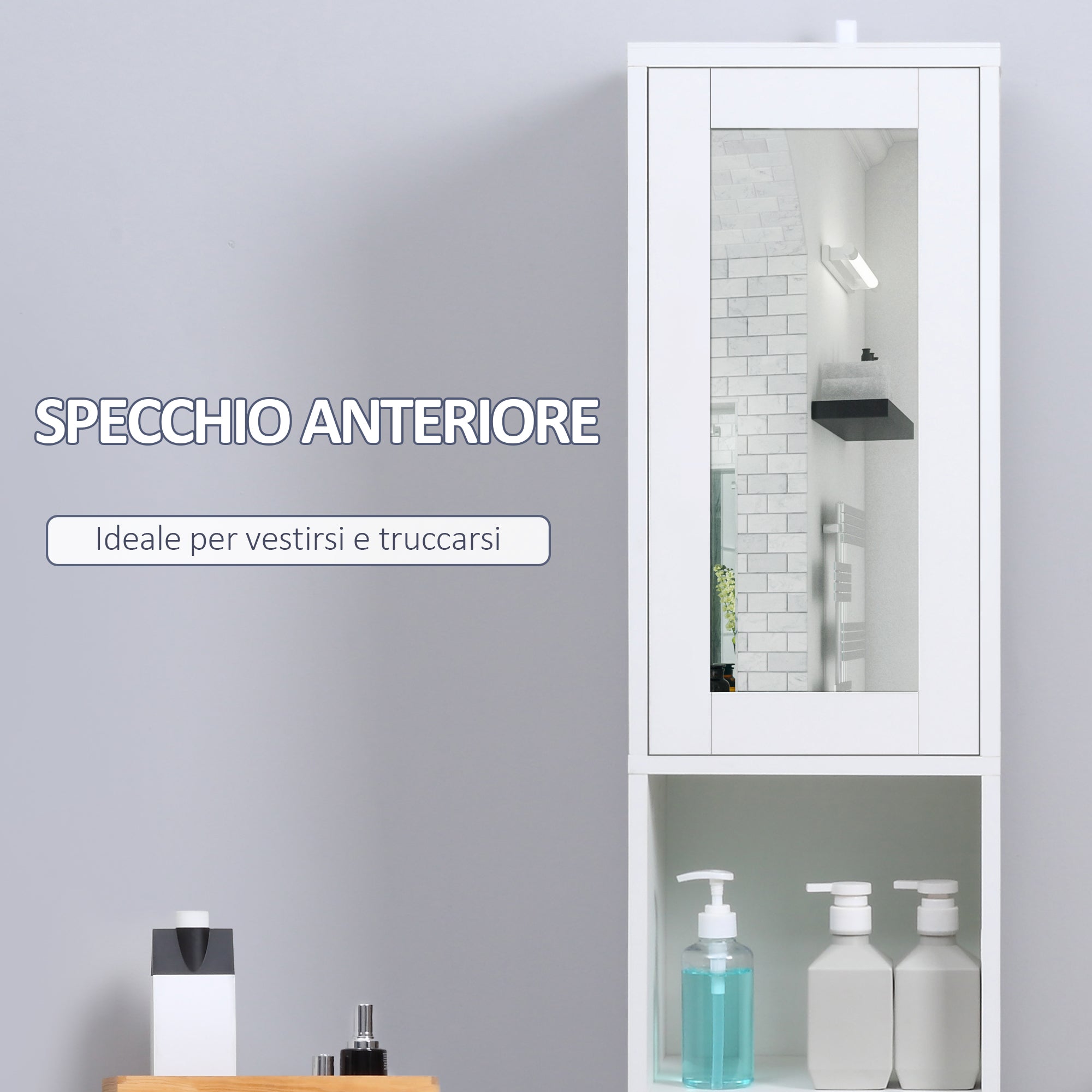 Easycomfort Colonna Bagno Salvaspazio in Legno with Specchio e Apertura a Pressione, 30x28x170cm, white