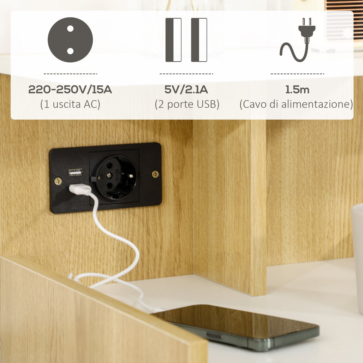 EasyComfort nachtkastje met stopcontact en 2 USB 40x40x60 cm