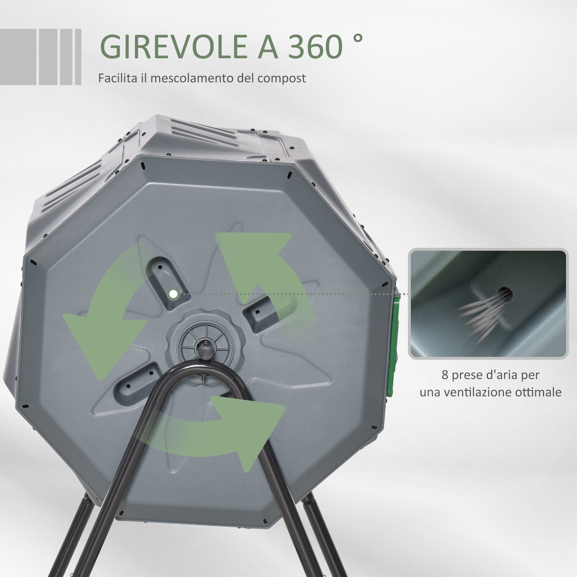 EasyComfort Compostiera da Giardino Girevole a 2 Sezioni with 8 Prese d'Aria, in Acciaio e PP, 71x65x96 cm, Grigio