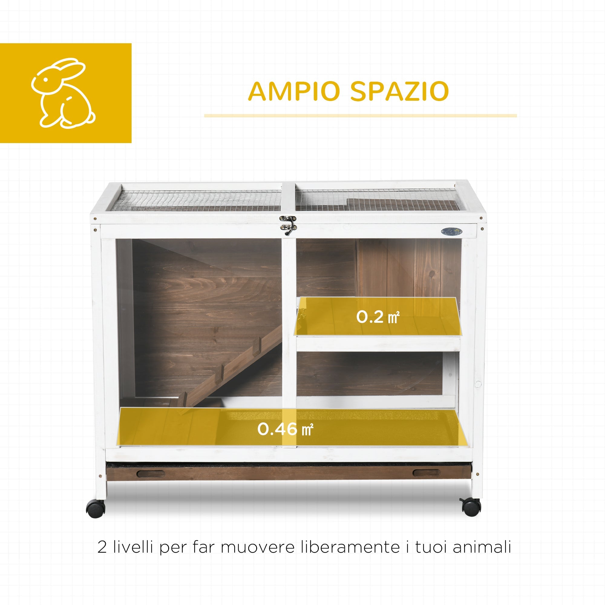 EasyComfort Conigliera a 2 Livelli con Casetta, Rampa e Vassoio Estraibile, in Legno di Abete, 91.5x53.3x73 cm, Marrone