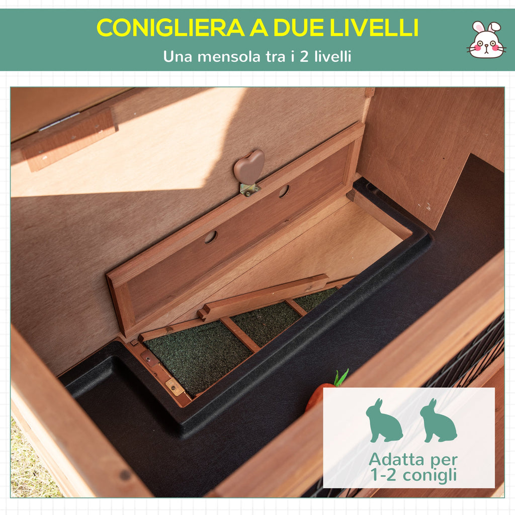 Easycomfort Conigliera in Legno a 2 Livelli with Ruote, Vassoio Estraibile e Rampa, 122x50x101cm