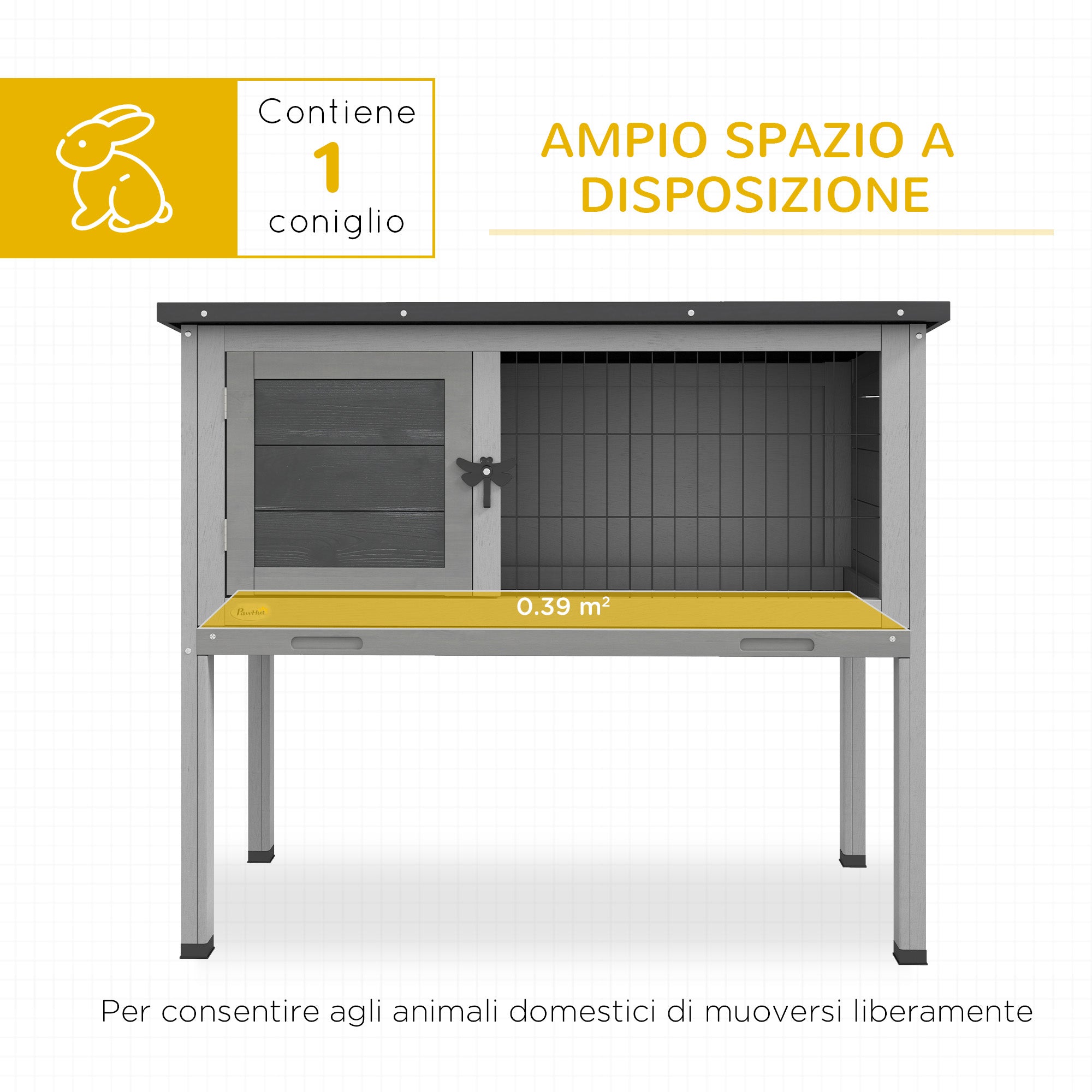 EasyComfort Conigliera Rialzata in Legno da Esterni con Tetto Apribile e Vassoio Estraibile, 84x43x70cm, Grigio