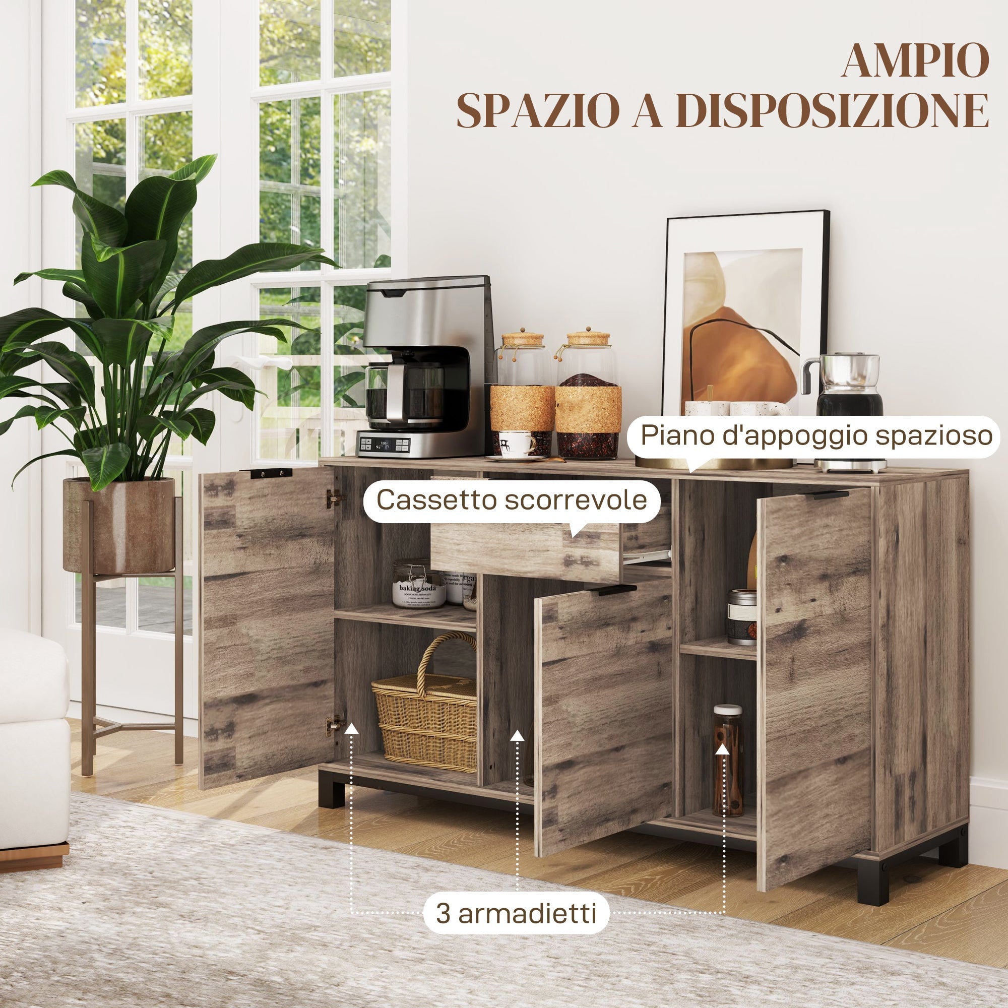 EasyComfort Credenza Buffet in stile Industriale with Cassetto e 3 Armadietti, in Legno Marrone, 120x36.5x70 cm