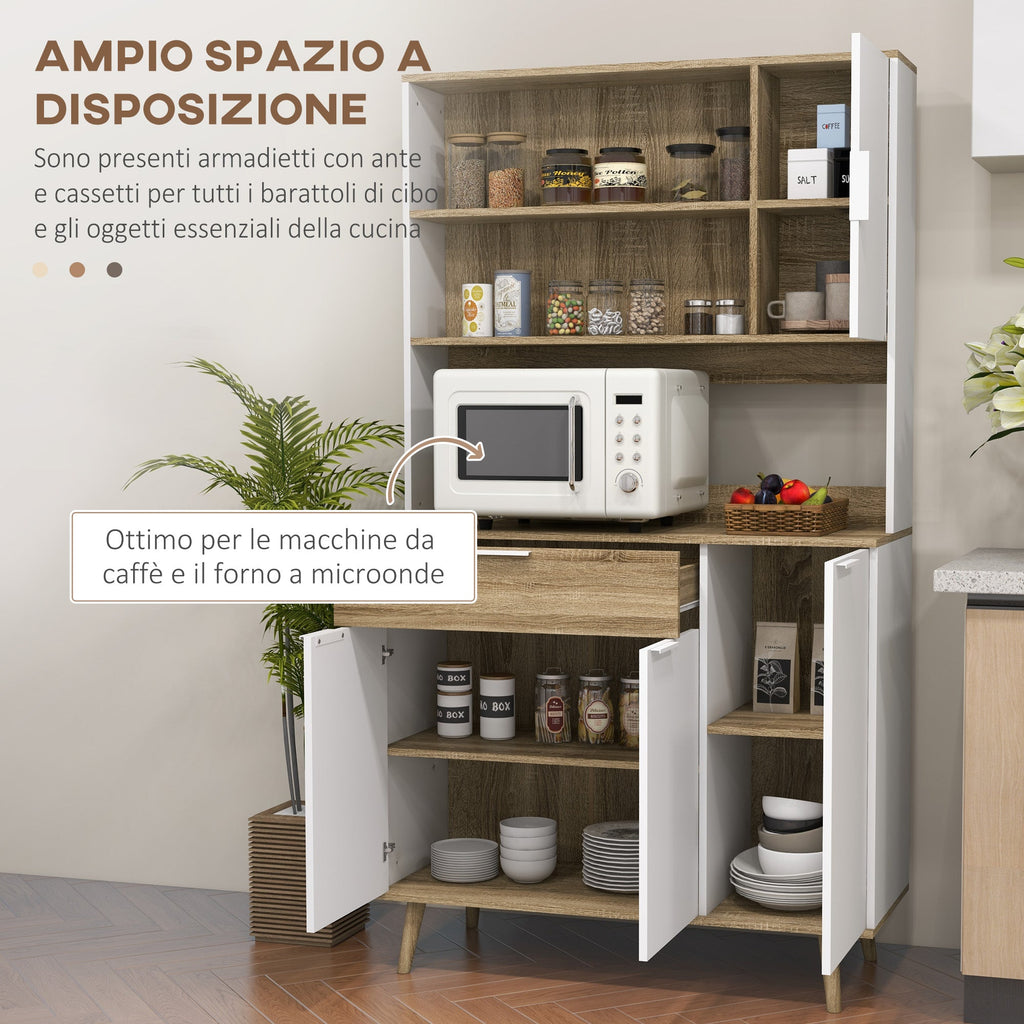 EasyComfort Credenza Cucina Alta Moderna con Armadietti e Cassetto, Mobile Dispensa con Ripiani regolabili, 98x39x180cm, Bianco e Legno