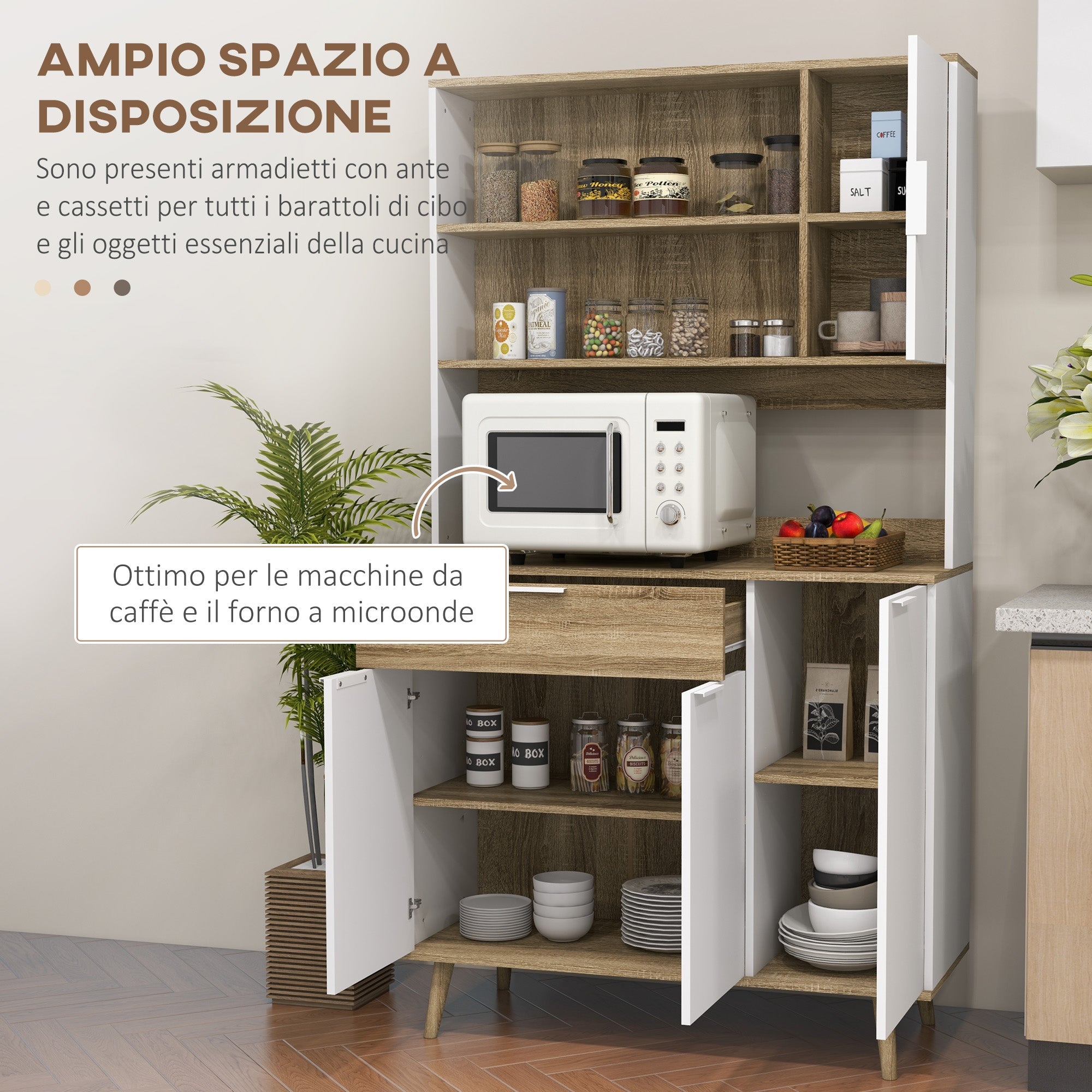EasyComfort Credenza Cucina Alta Moderna con Armadietti e Cassetto, Mobile Dispensa con Ripiani regolabili, 98x39x180cm, Bianco e Legno