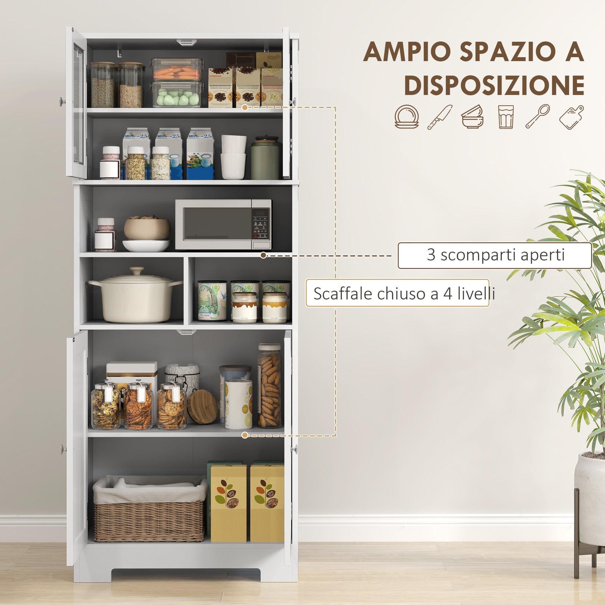 EasyComfort Credenza Cucina keukenkast 60x30x145.5 cm, 2 deurtjes, 3 open vakken, wit