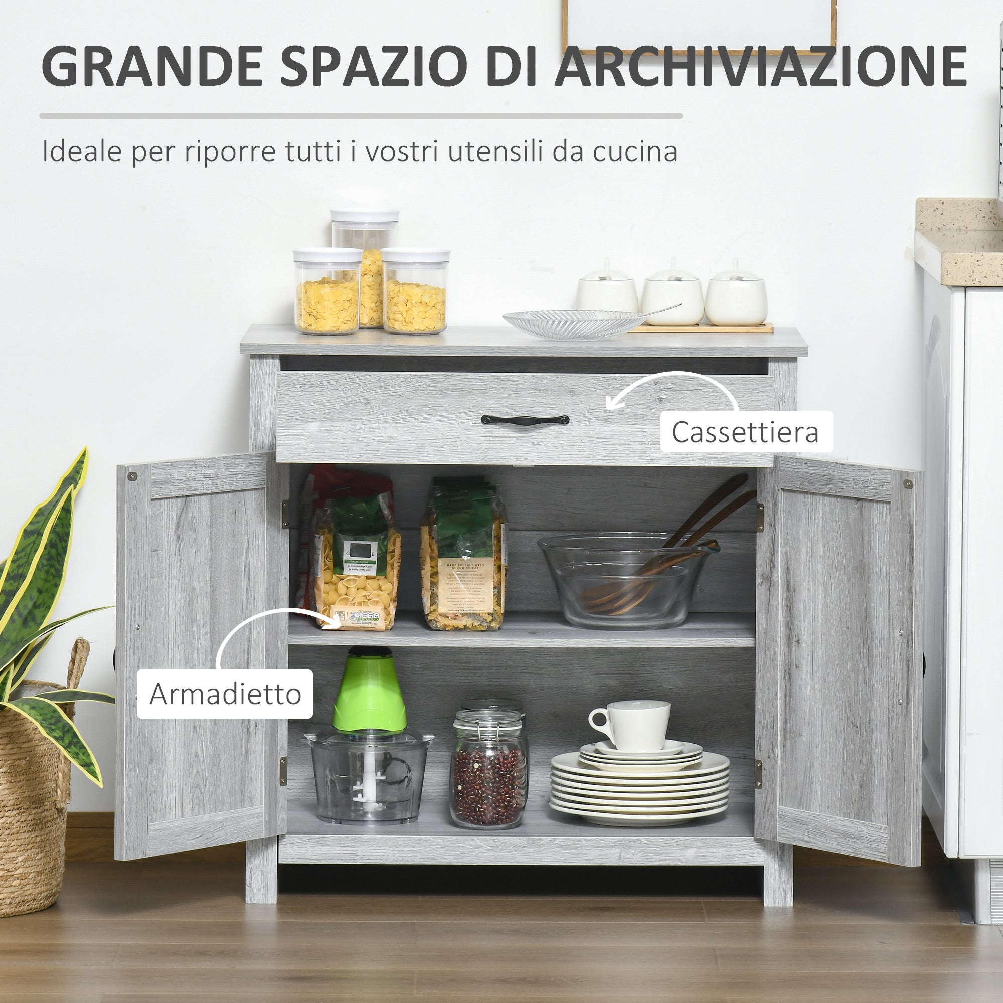 EasyComfort Credenza Cucina Country with Armadietto a 2 Ante e Cassetto, 80x39.7x80cm, Grigio