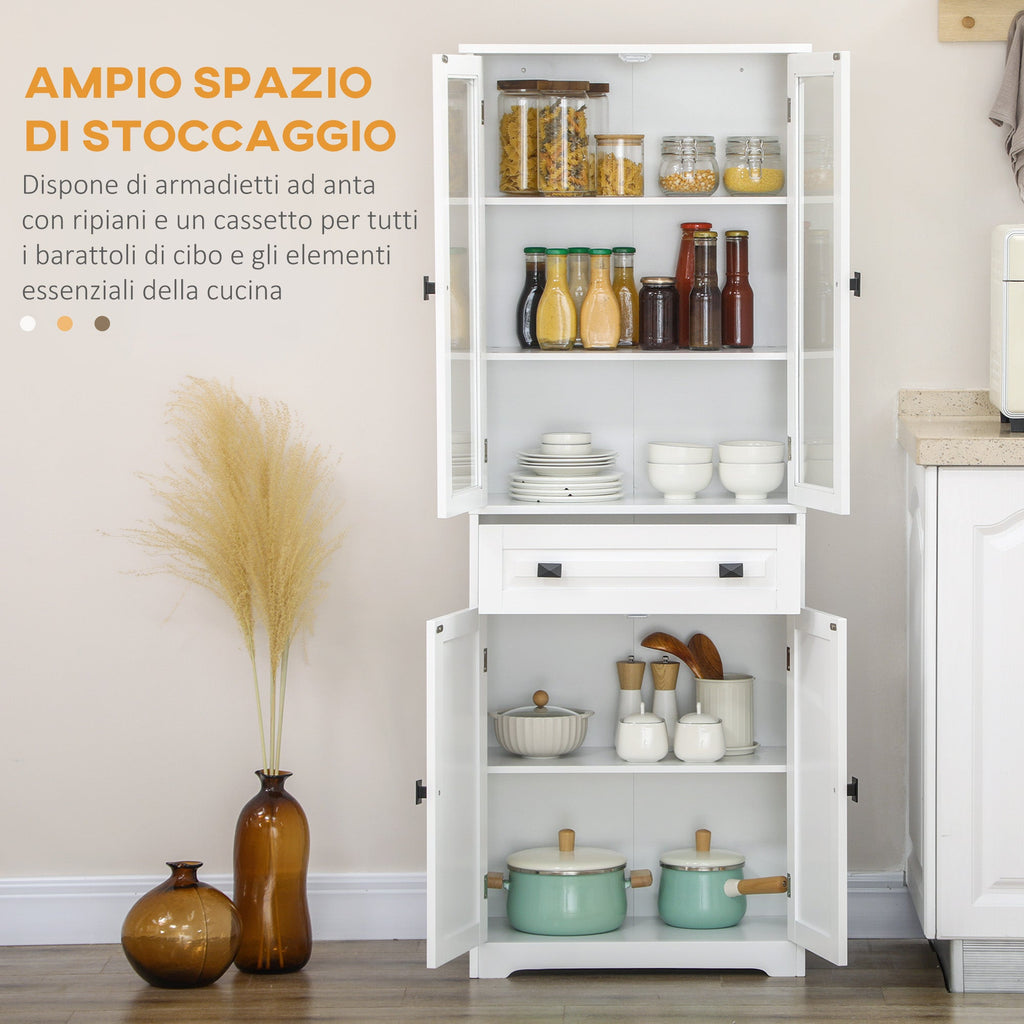 EasyComfort Credenza da Cucina Alta with 2 Armadietti e Cassetto, Ante a Vetri e Ripiani Regolabili, 60x30x160cm, white