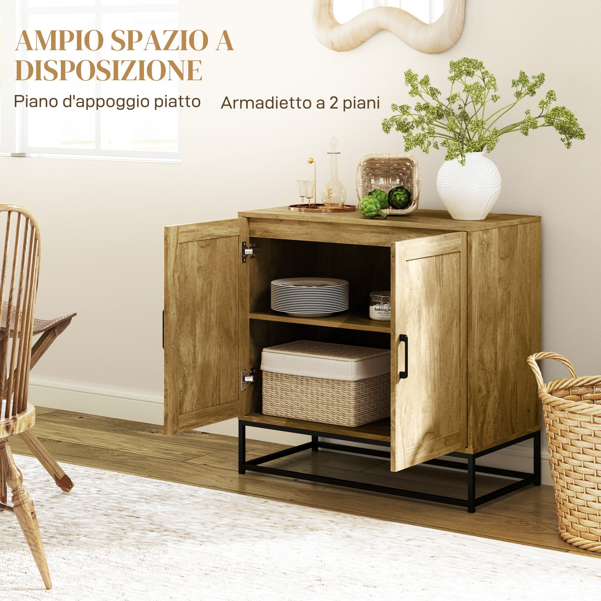 EasyComfort Credenza da Soggiorno a 2 Livelli with Ripiano Regolabile, in Legno e Acciaio, 80x40x78 cm, Marrone e black