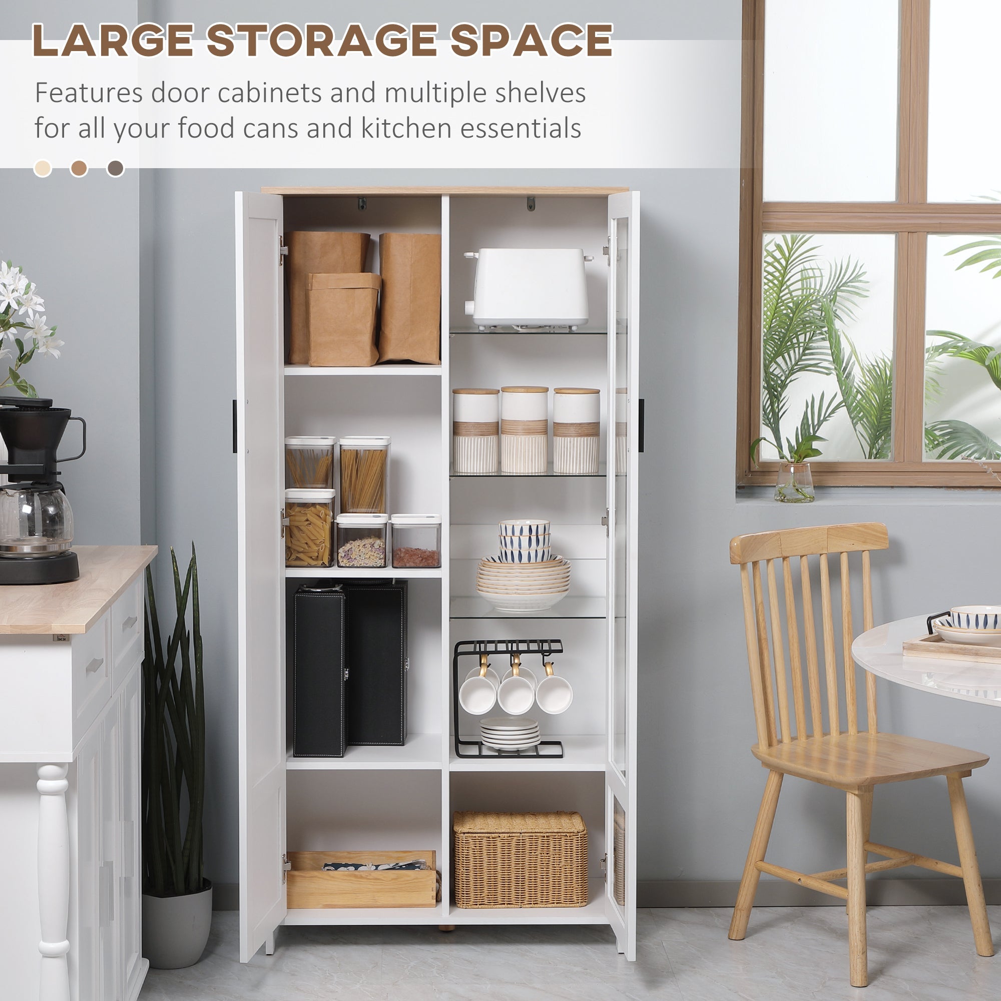 Easycomfort Credenza Moderna a 2 Ante with Mensole Regolabili in Legno e Vetro, 76x36x160cm, white